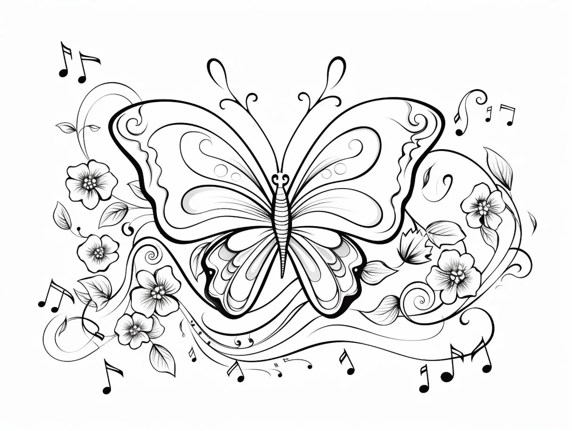 Ausmalbild Schmetterling mit Noten und Blumendetails