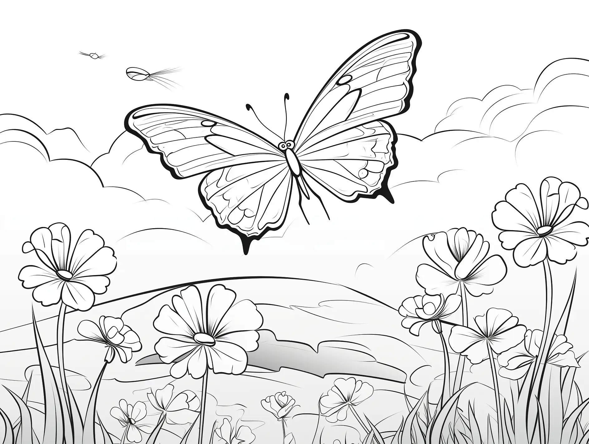 Ausmalbild Schmetterling über Wiesenblumen