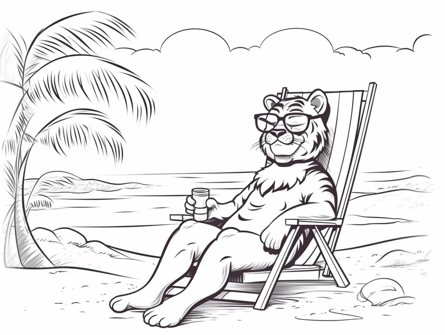 Ausmalbild Tiger entspannt am Strand