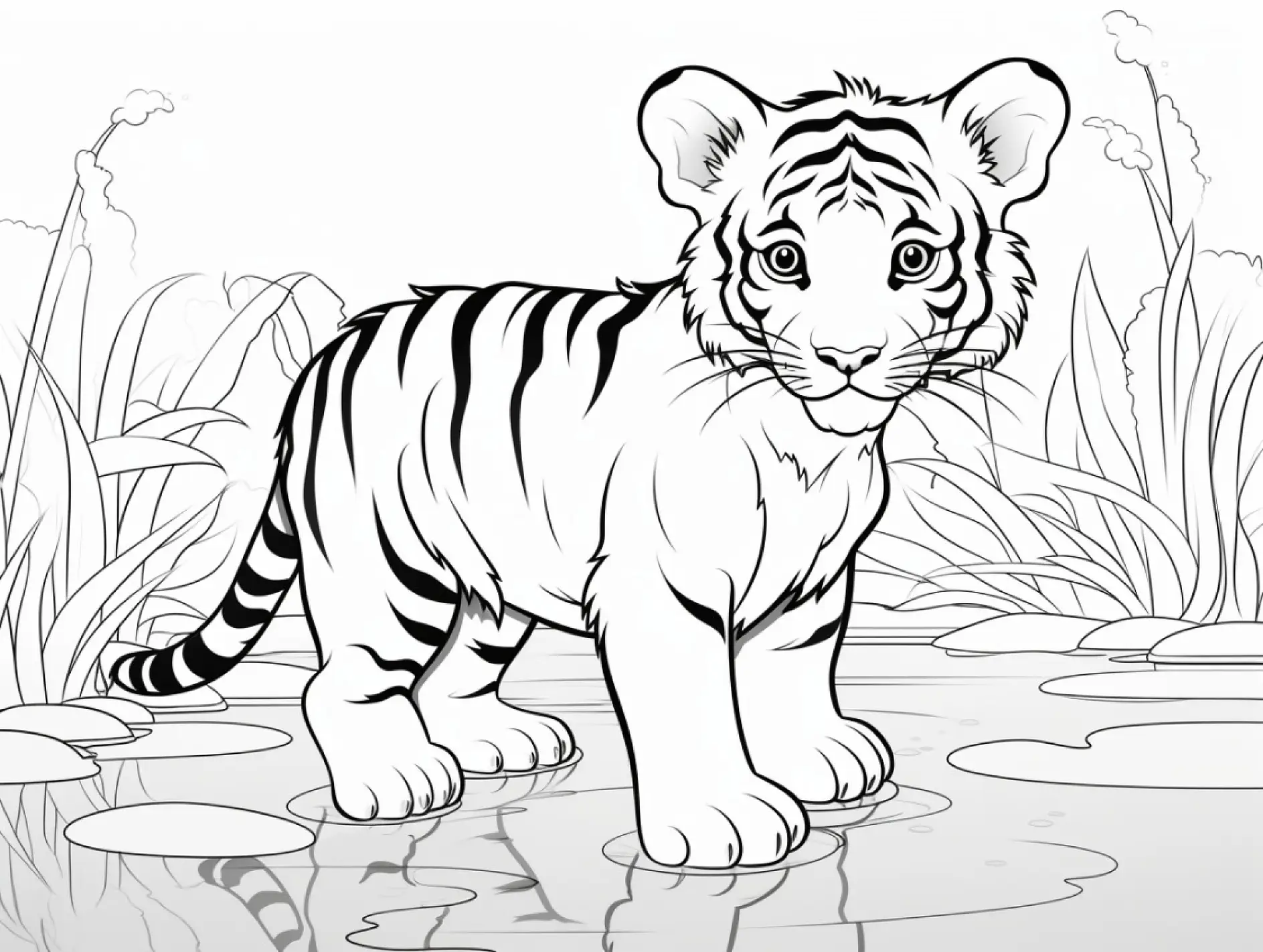 Ausmalbild Tiger in Wasserlandschaft