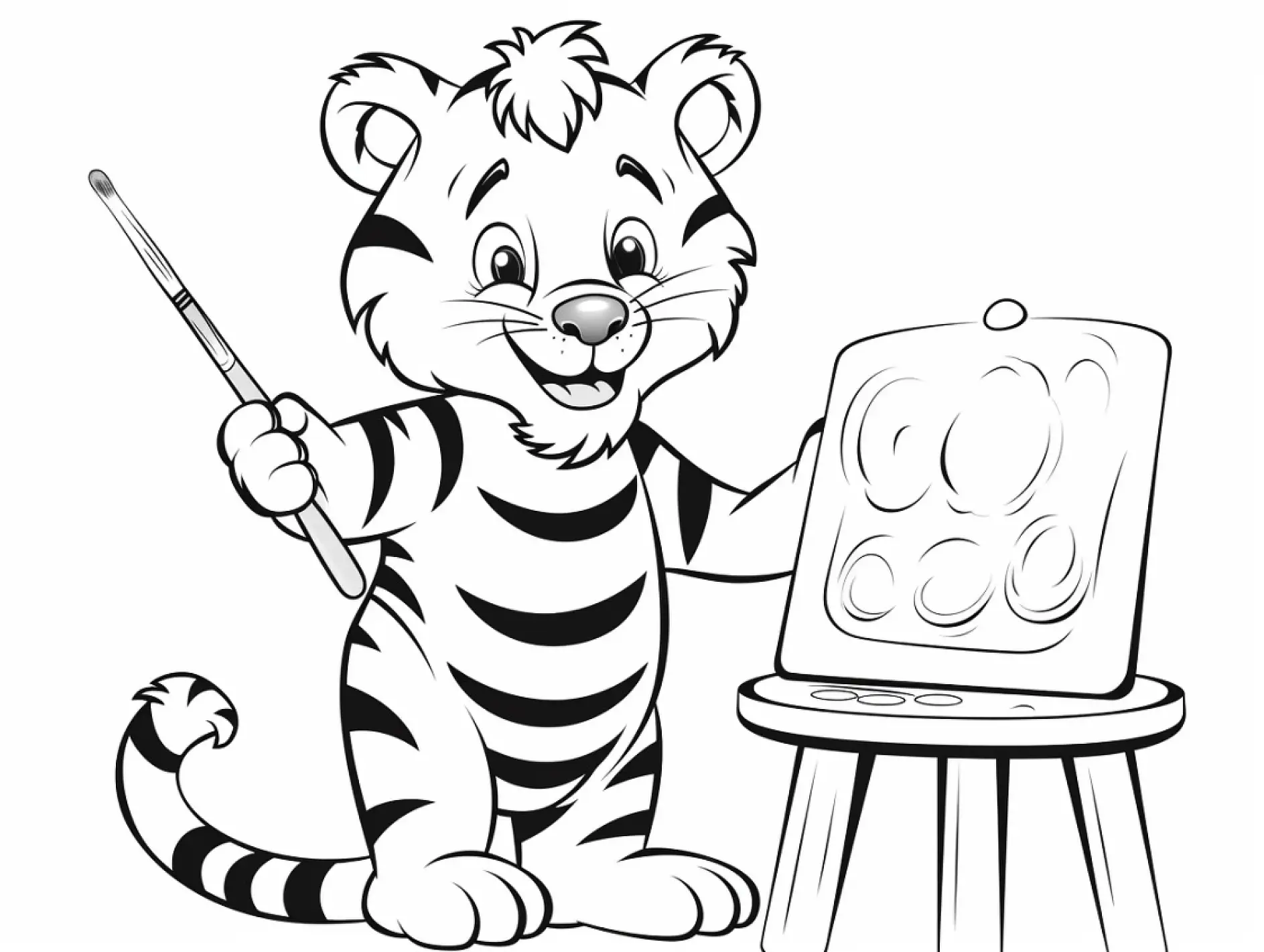 Ausmalbild Tiger mit Pinsel und Palette