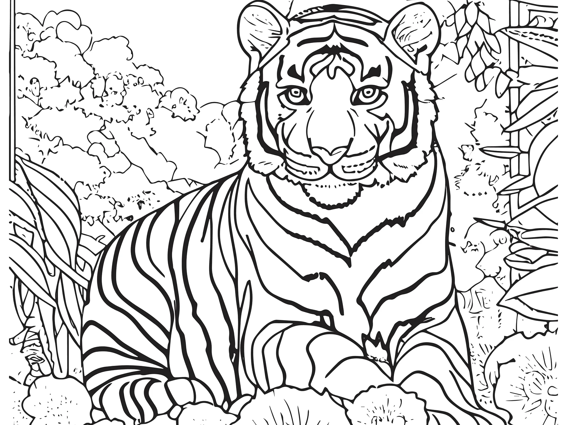 Vorlage Tiger ruht in Dschungelumgebung zum Ausmalen - tesa