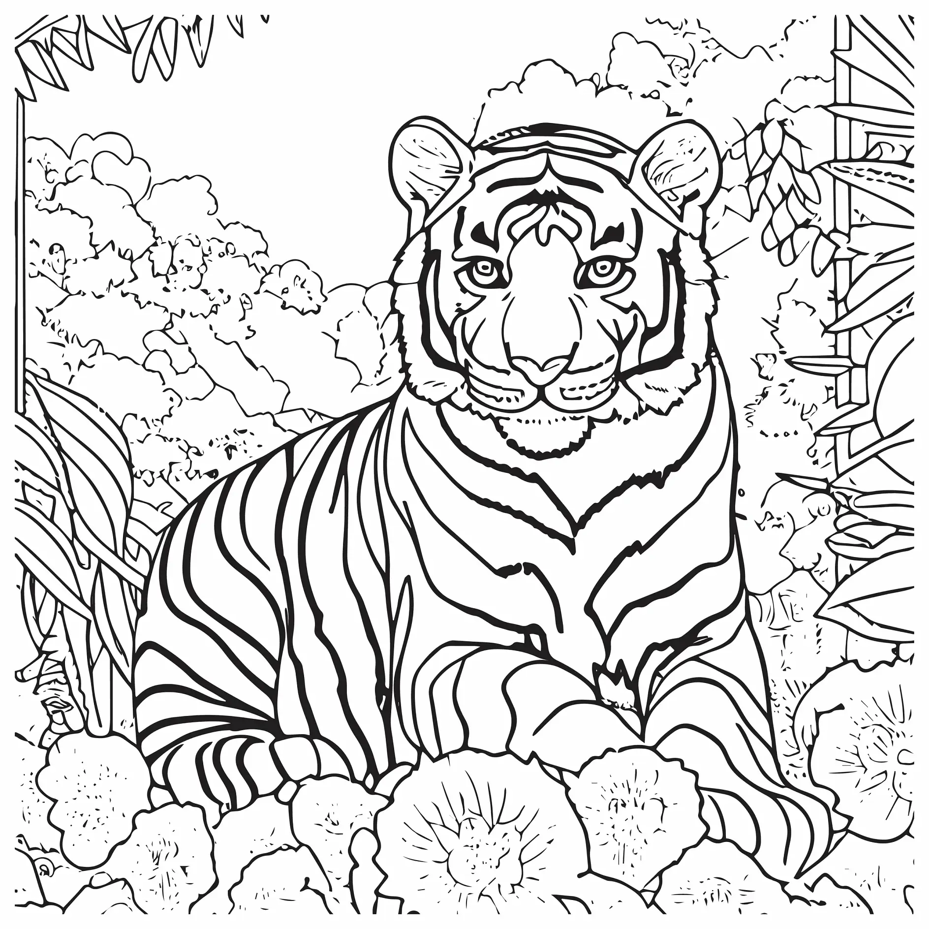 Ausmalbild Tiger ruht in Dschungelumgebung