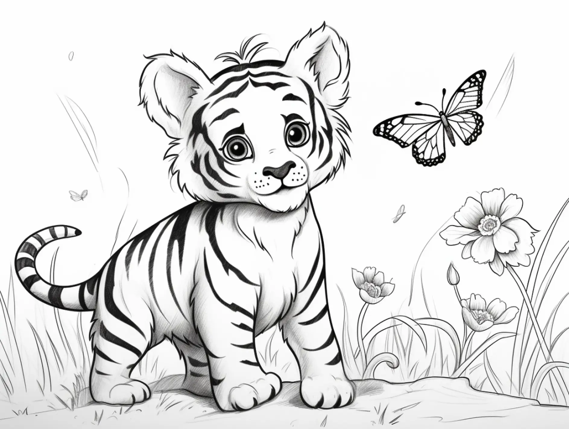Ausmalbild Tiger Schmetterling Blumen Lächeln
