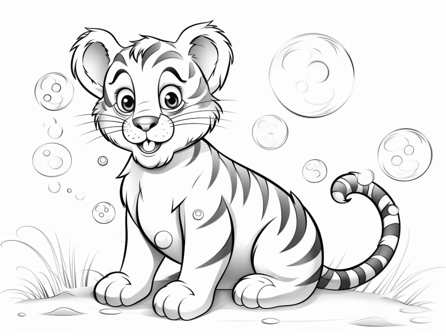 Ausmalbild Tiger spielt mit Seifenblasen