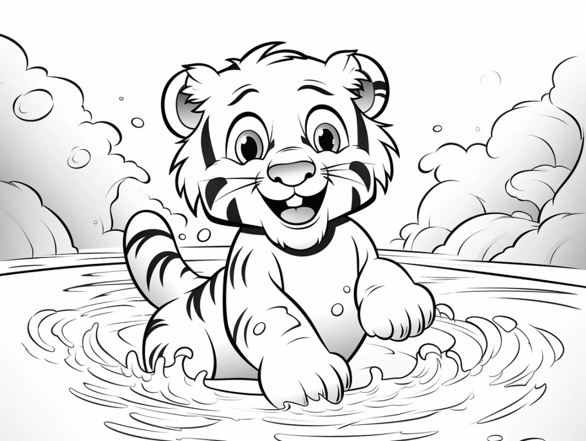 Ausmalbild Tiger Wasser Spielen Lächeln