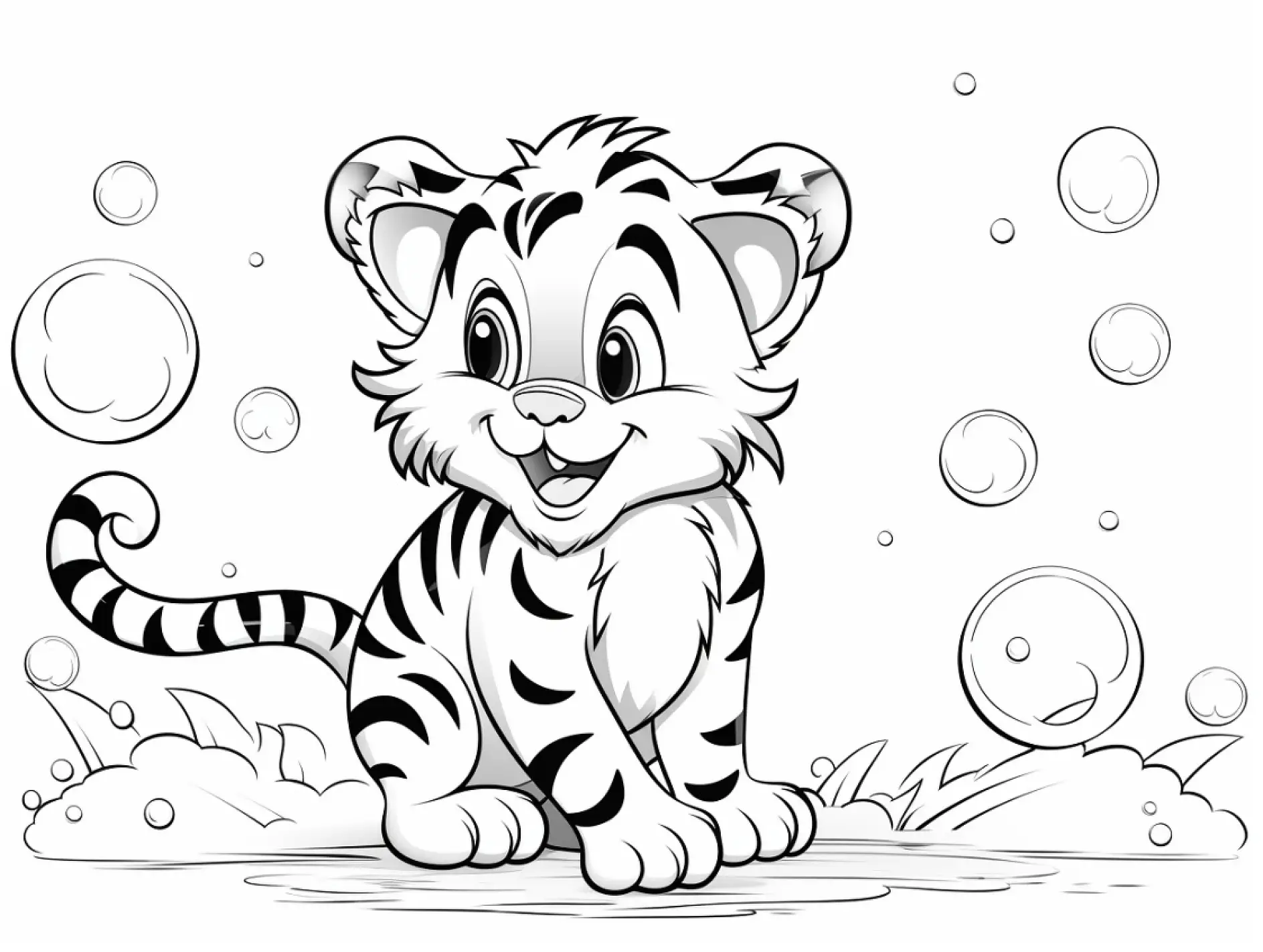 Ausmalbild Tiger zwischen Seifenblasen