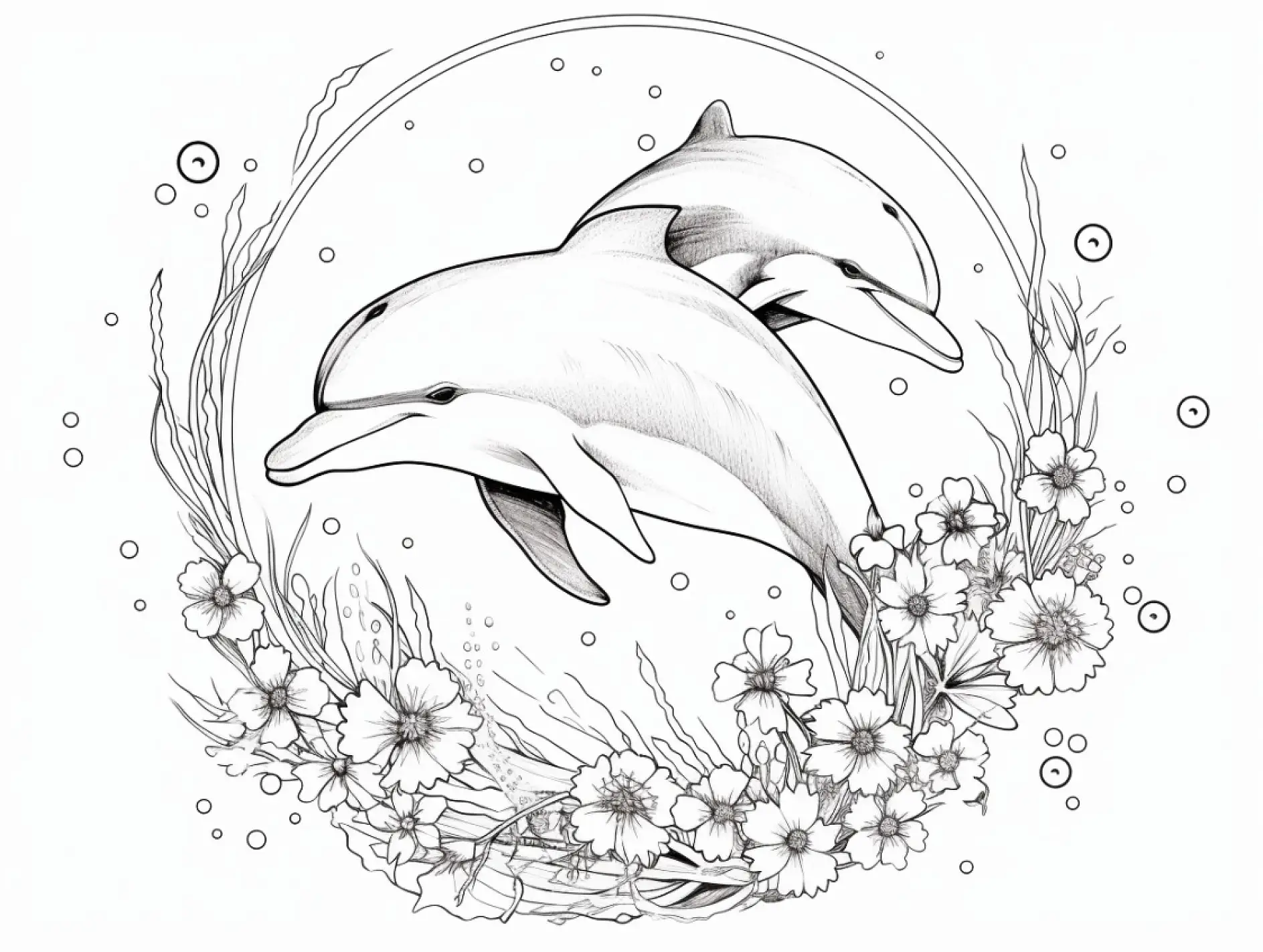 Ausmalbild zwei Delfine umringt von Blumenkranz und Blasen
