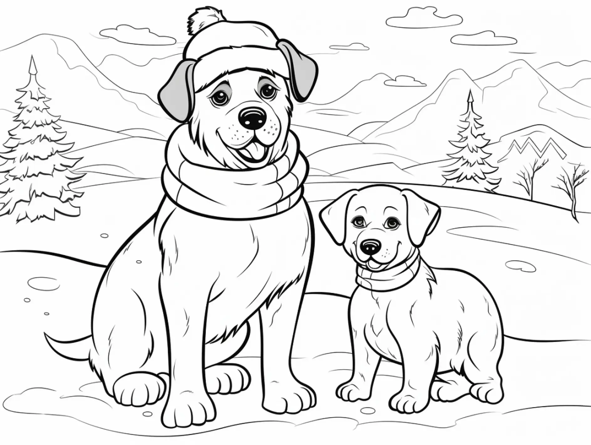 Ausmalbild zwei Hunde im Schnee mit Mützen und Schals