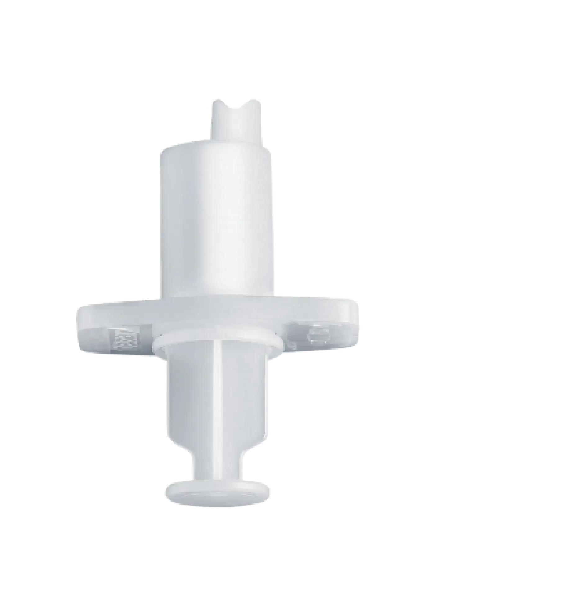 A white plastic syringe plunger with a flat circular handle and a narrow cylindrical body is positioned vertically against a plain white background. A roll of tesa tape lies nearby, ready for use.
