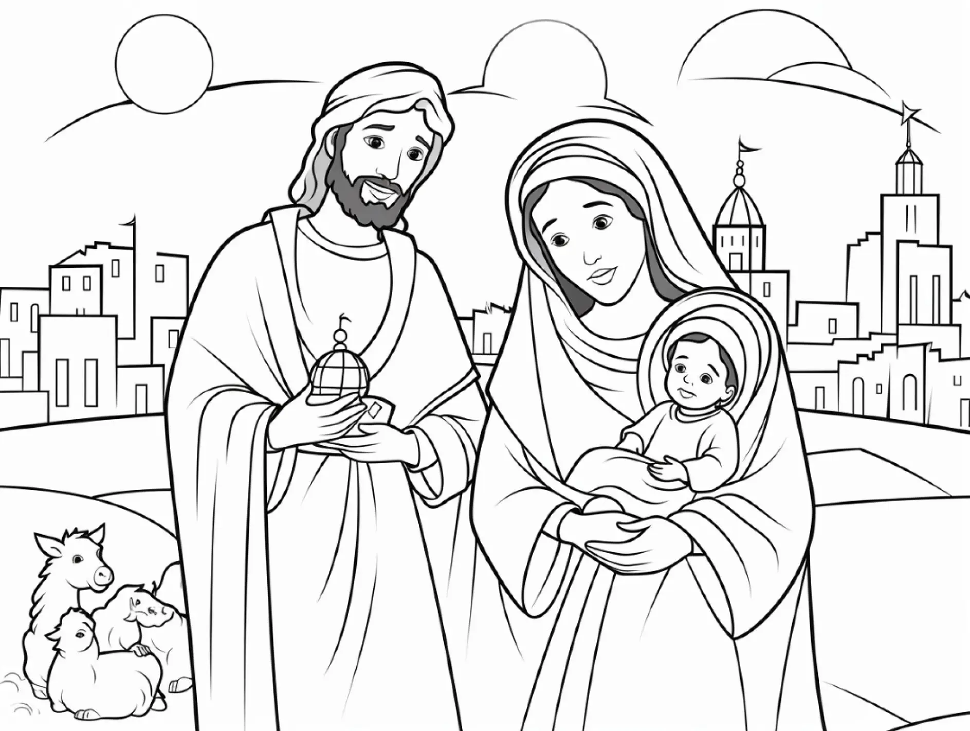 Ausmalbild Heilige Familie Bethlehem Schafe Sonne