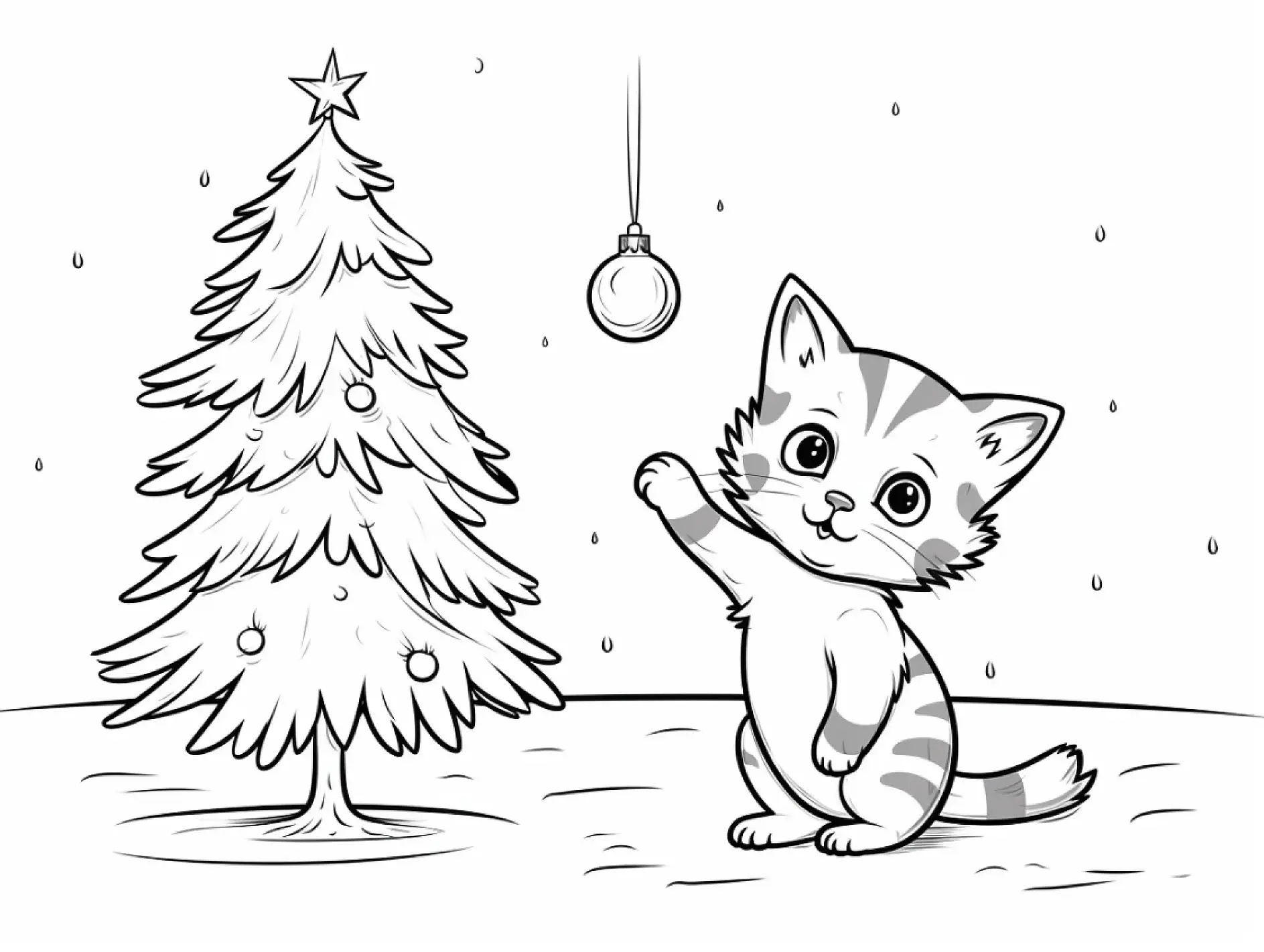 Ausmalbild Kätzchen Tannenbaum Weihnachtskugel Schnee Sterne