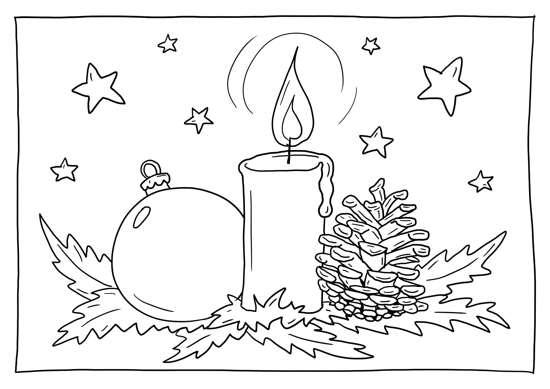 Ausmalbild Kerze Weihnachtskugel Zapfen Sterne Tannenzweige