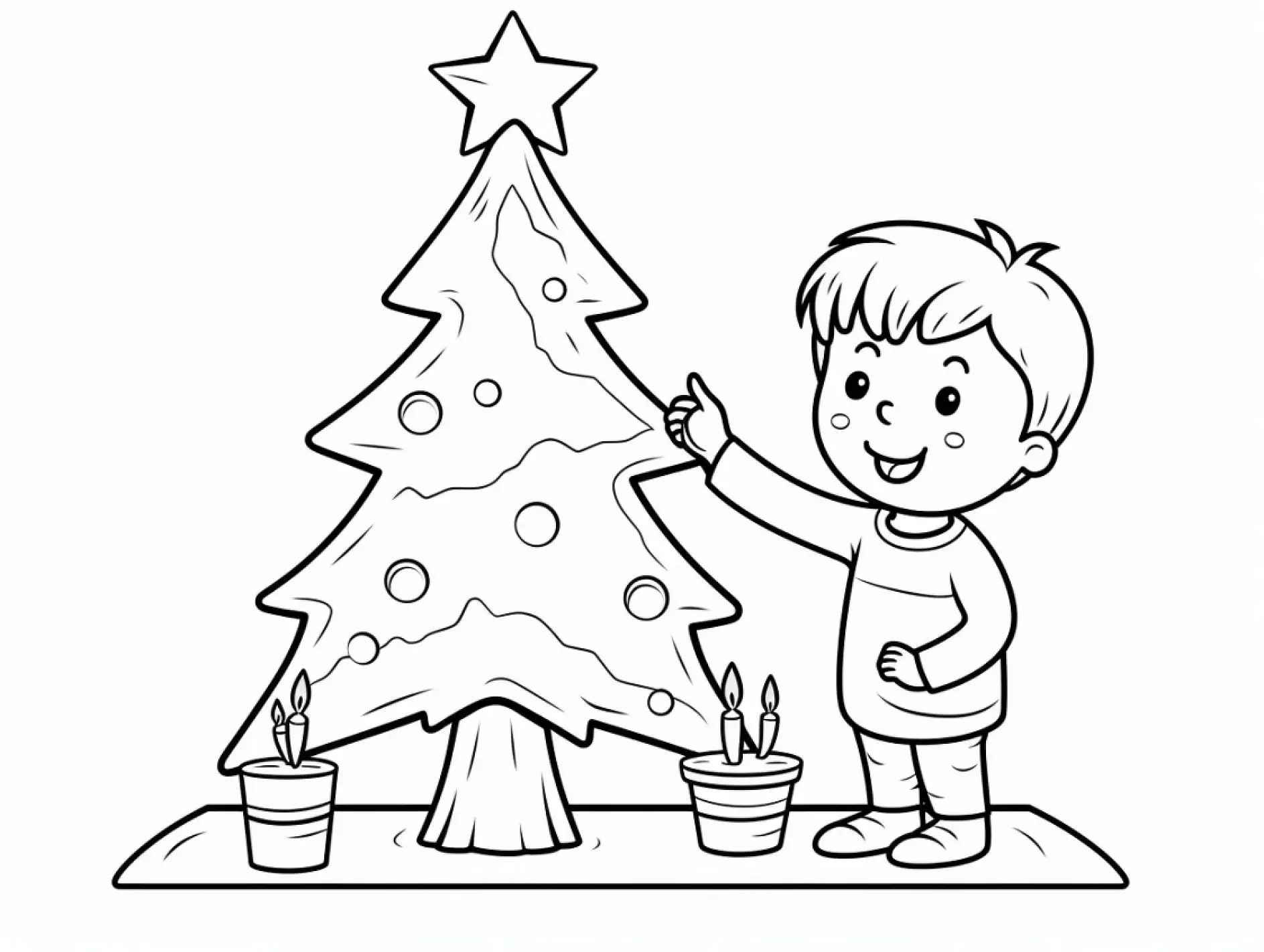 Ausmalbild Kind dekoriert Tannenbaum Kerzen Stern