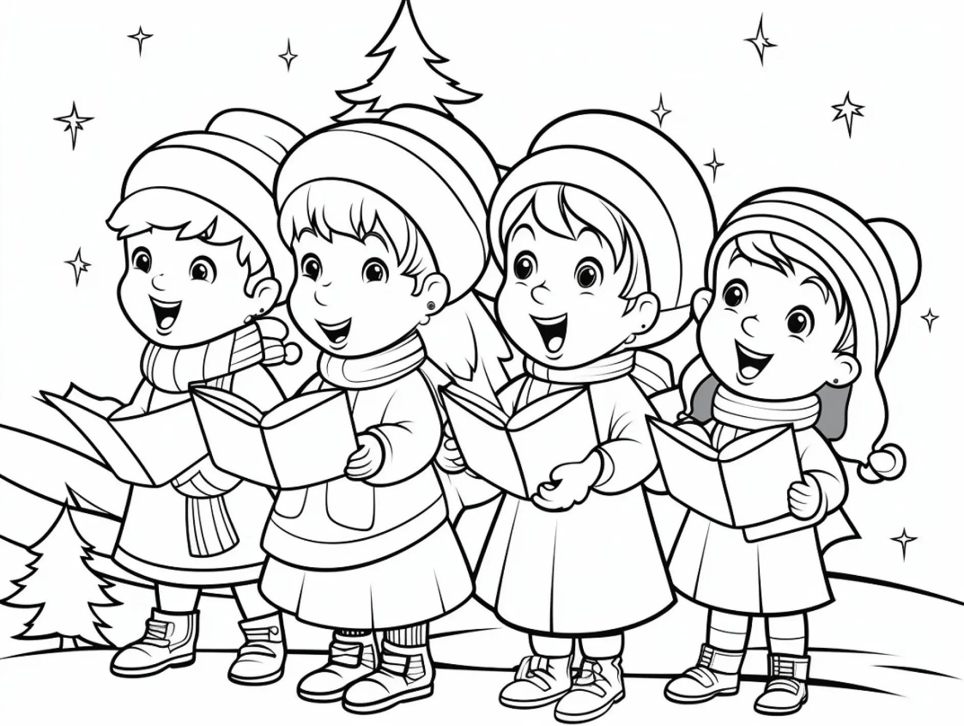 Ausmalbild Kinder singen Weihnachtslieder Schneeflocken Tanne