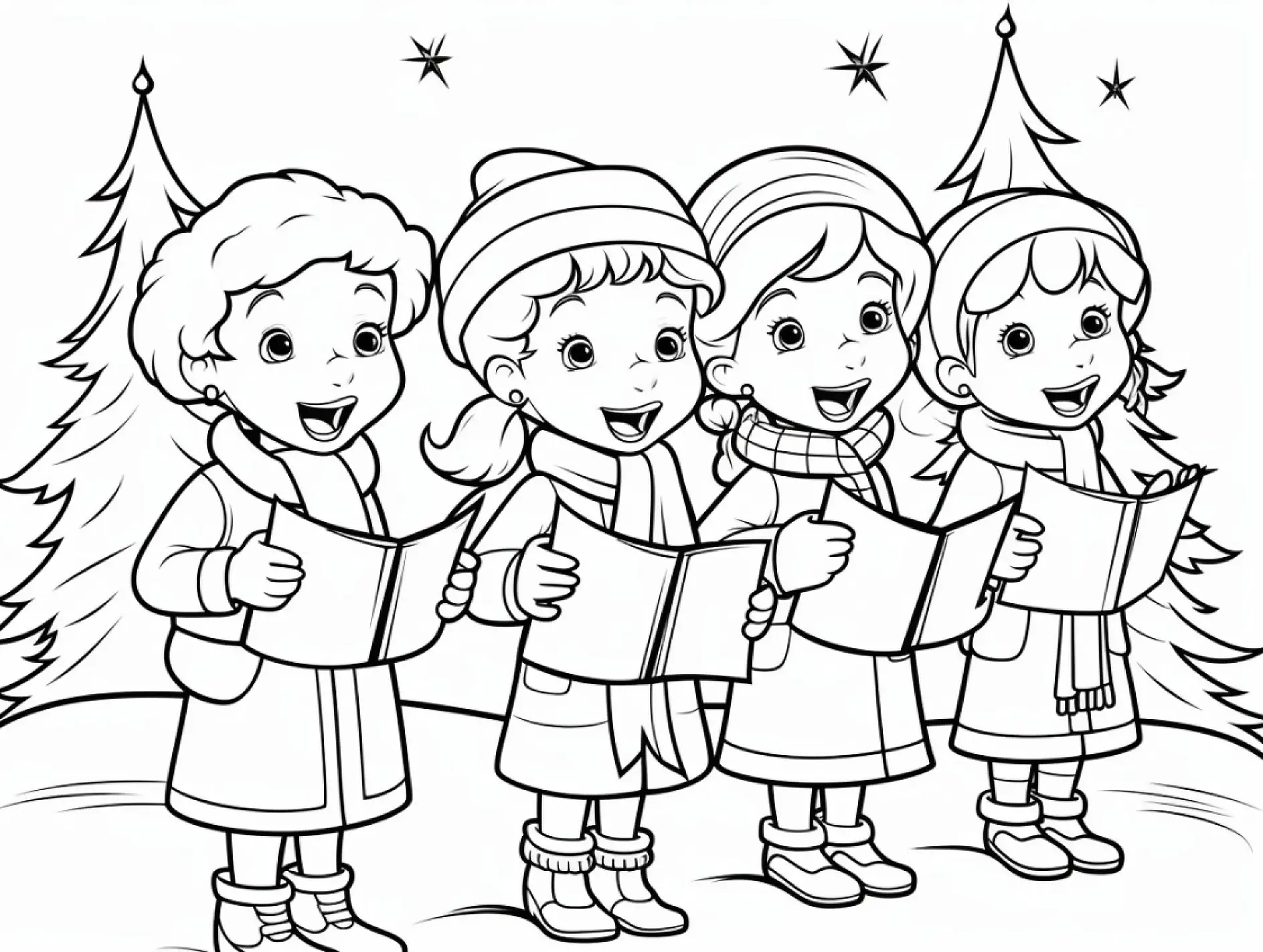 Ausmalbild Kinder singen Weihnachtslieder Tannen Sterne