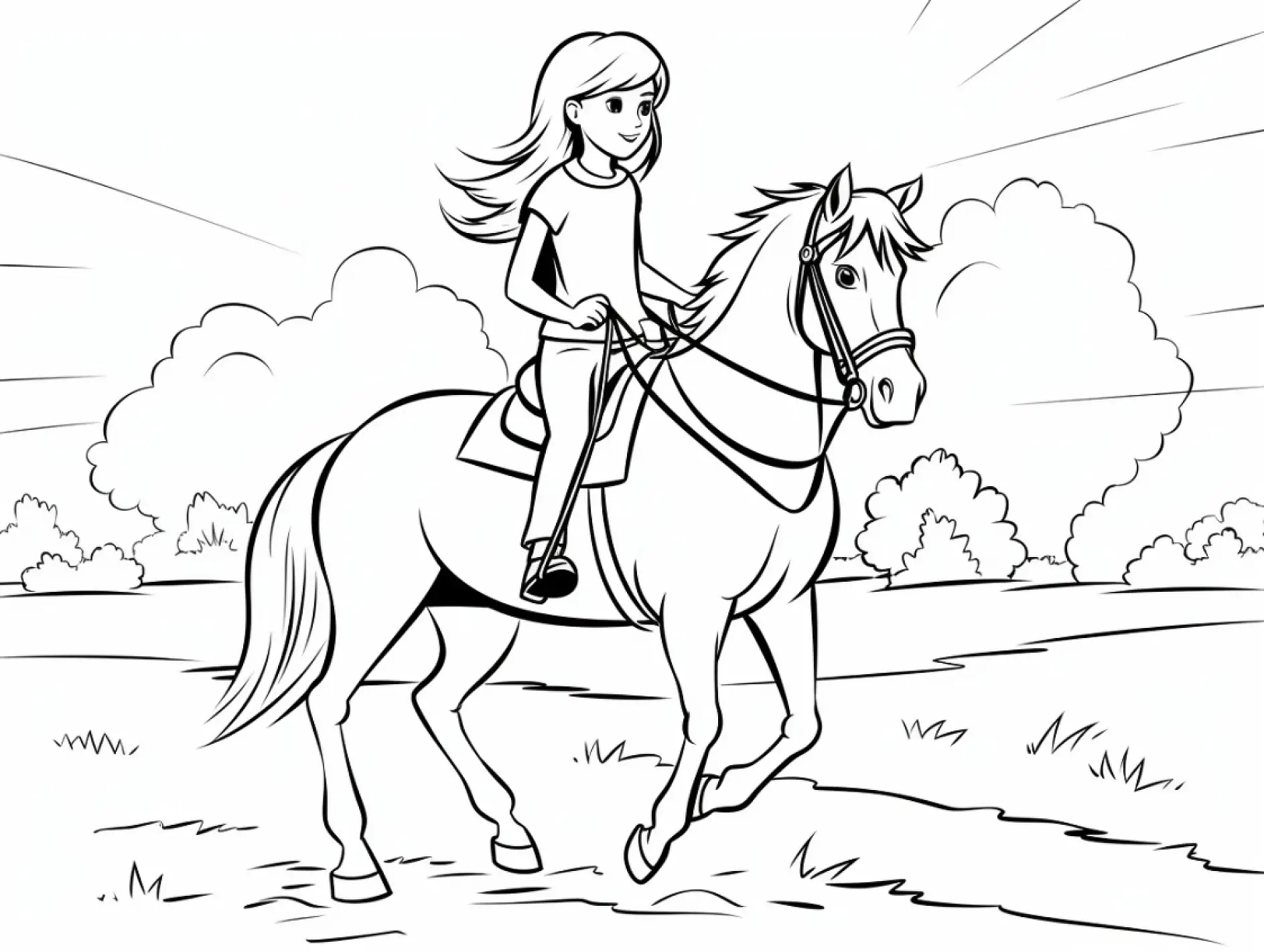 Ausmalbild Mädchen reitet auf Pferd in der Natur
