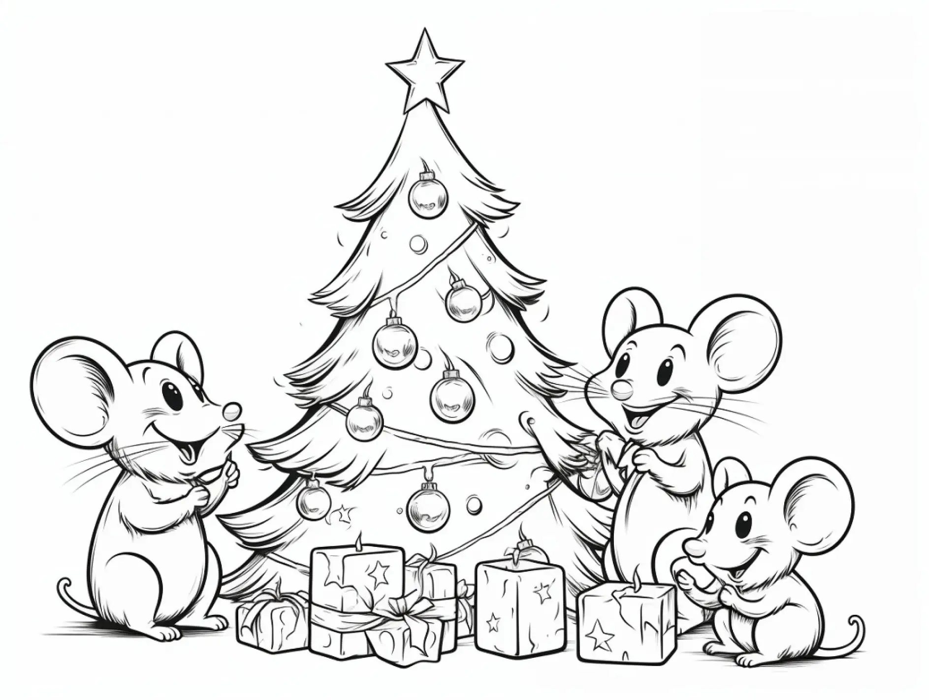 Ausmalbild Mäuse dekorieren Weihnachtsbaum mit Geschenken