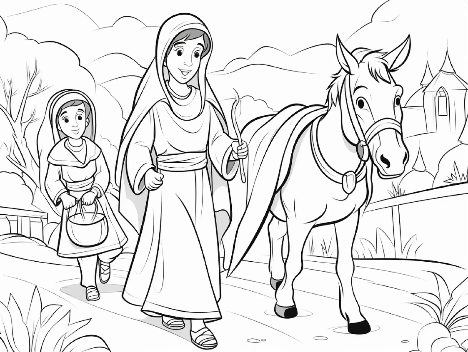 Ausmalbild Maria und Josef mit Esel Weg Landschaft
