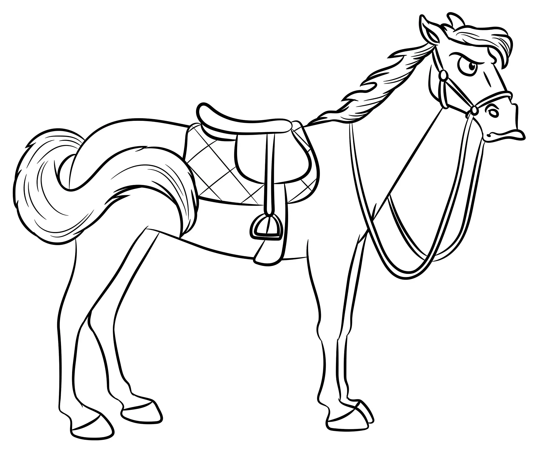 Ausmalbild Pferd mit Sattel und gewellter Mähne