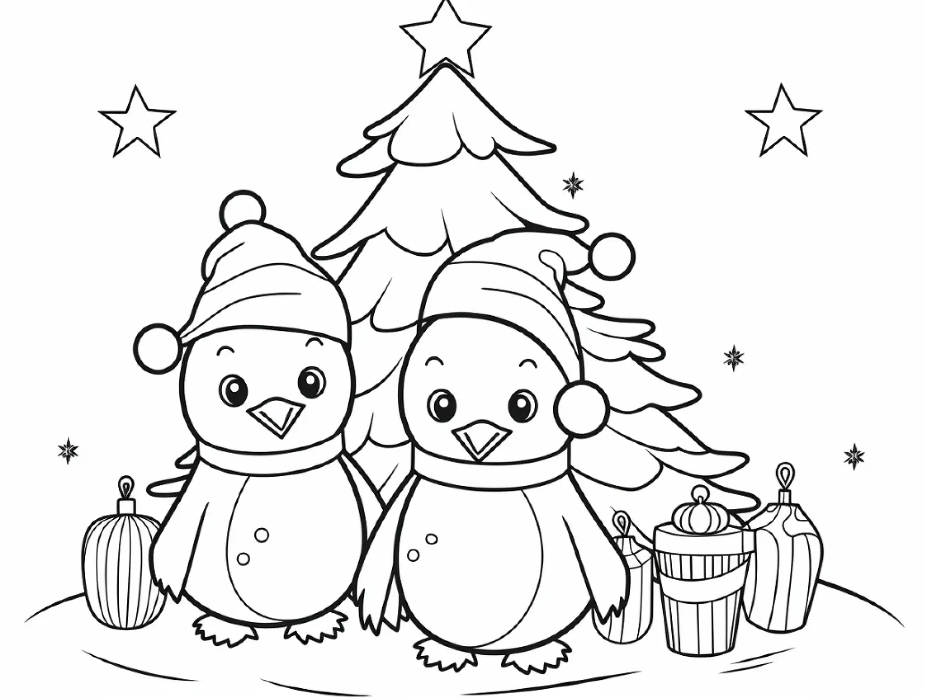 Ausmalbild Pinguine mit Weihnachtsbaum und Geschenken