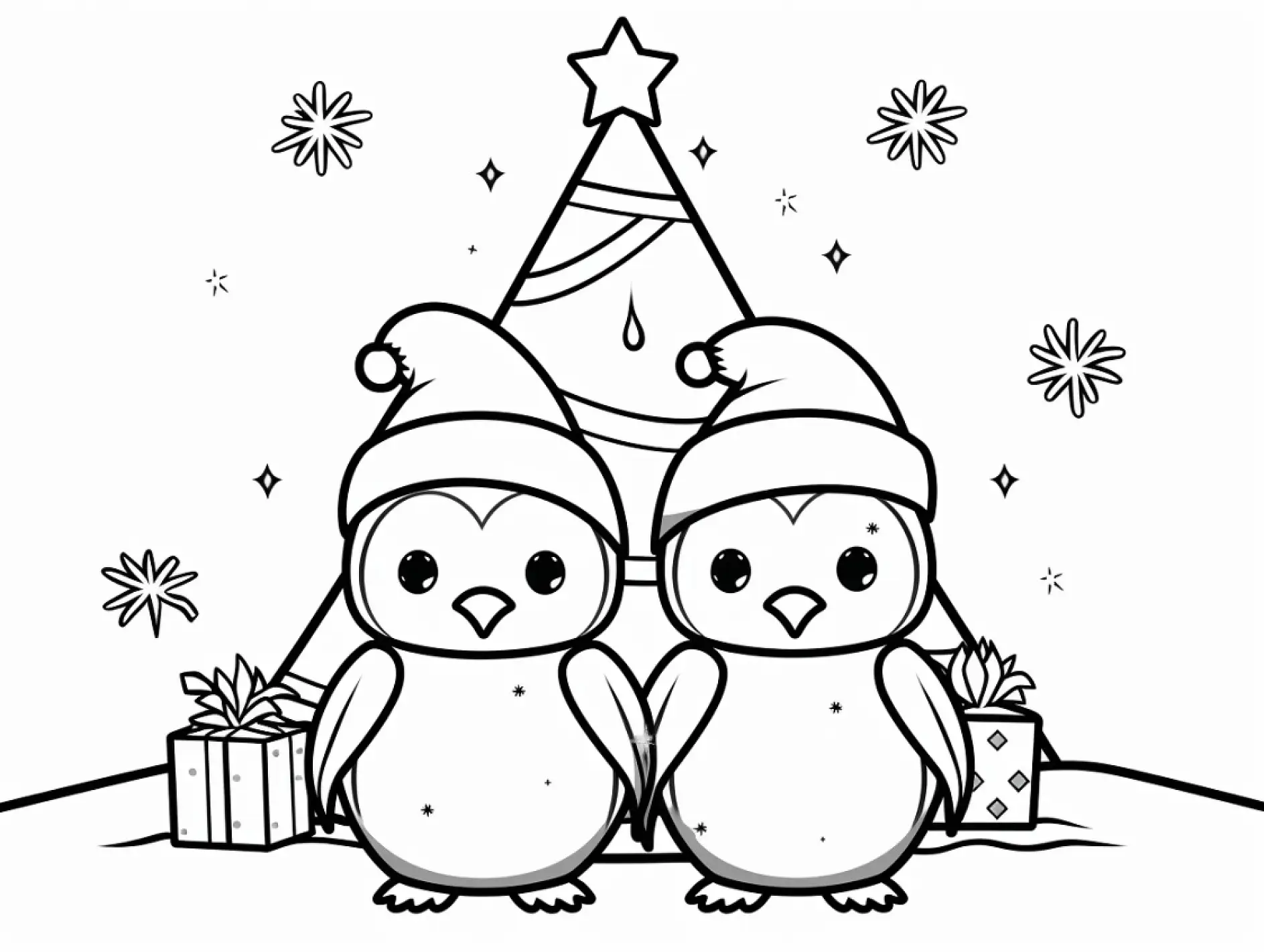 Ausmalbild Pinguine Mützen Tannenbaum Geschenke Schneeflocken