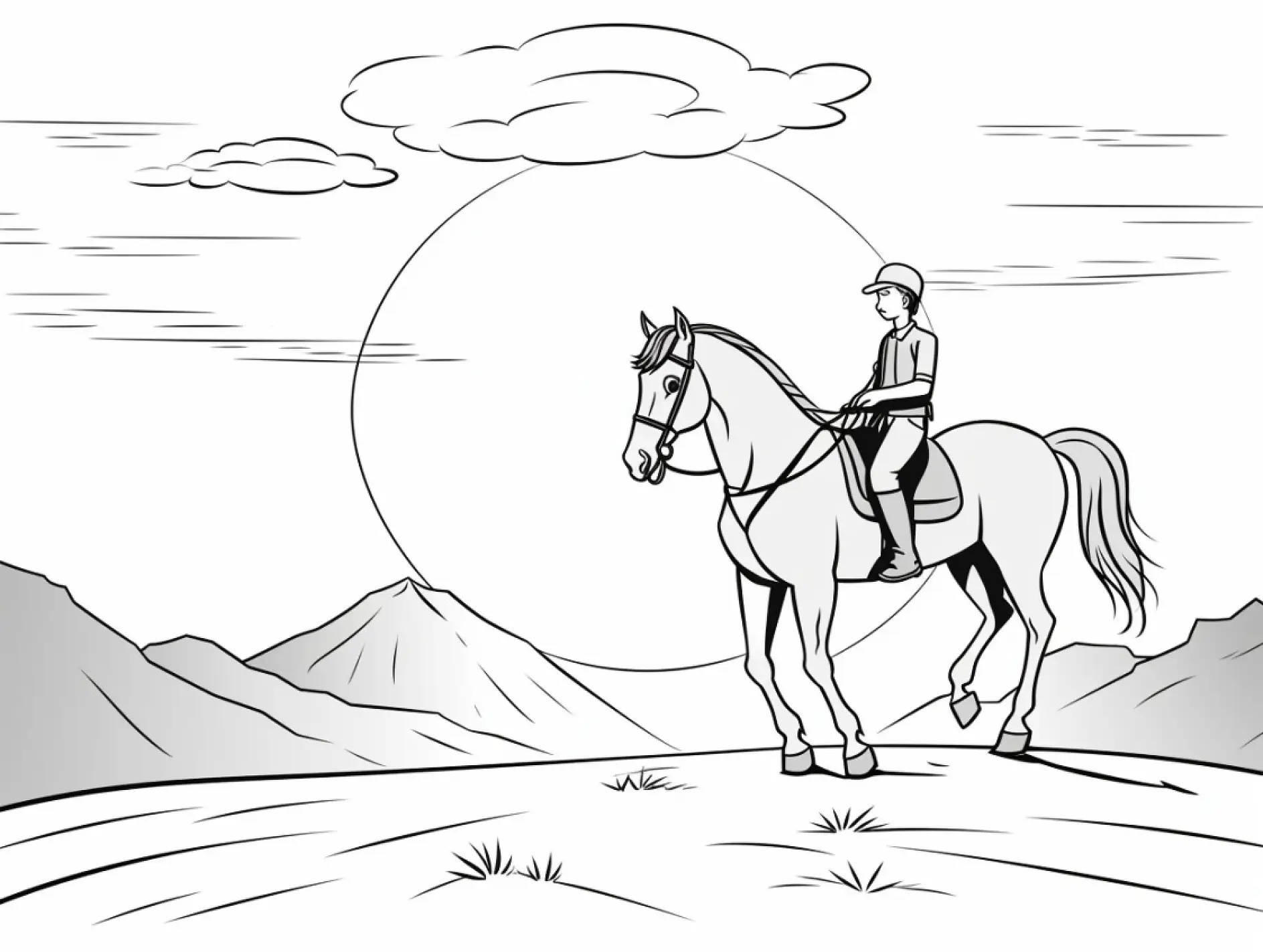 Ausmalbild Reiter auf Pferd vor Bergkulisse bei Sonnenuntergang