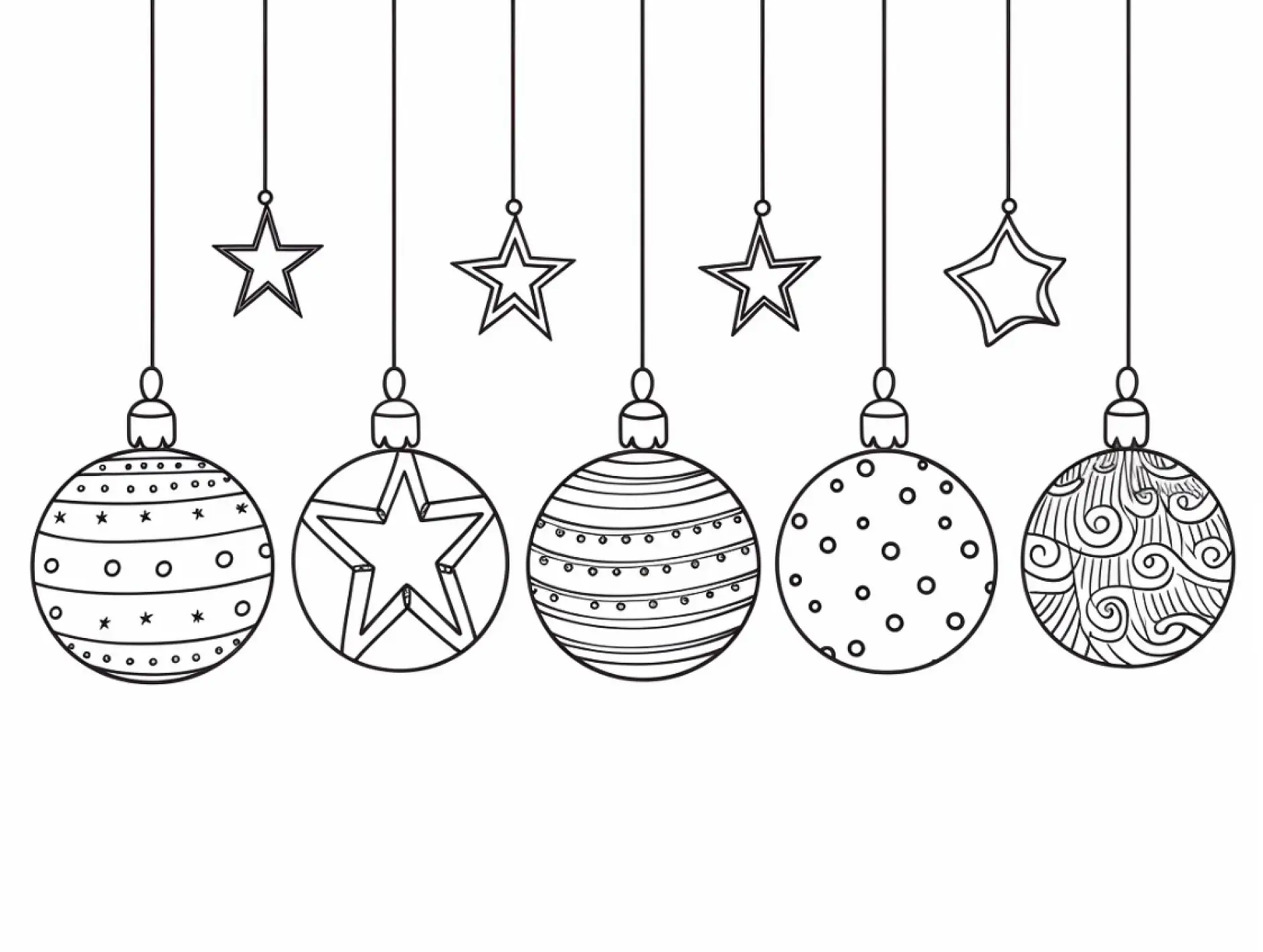 Ausmalbild von hängenden Weihnachtskugeln und Sternen mit Mustern