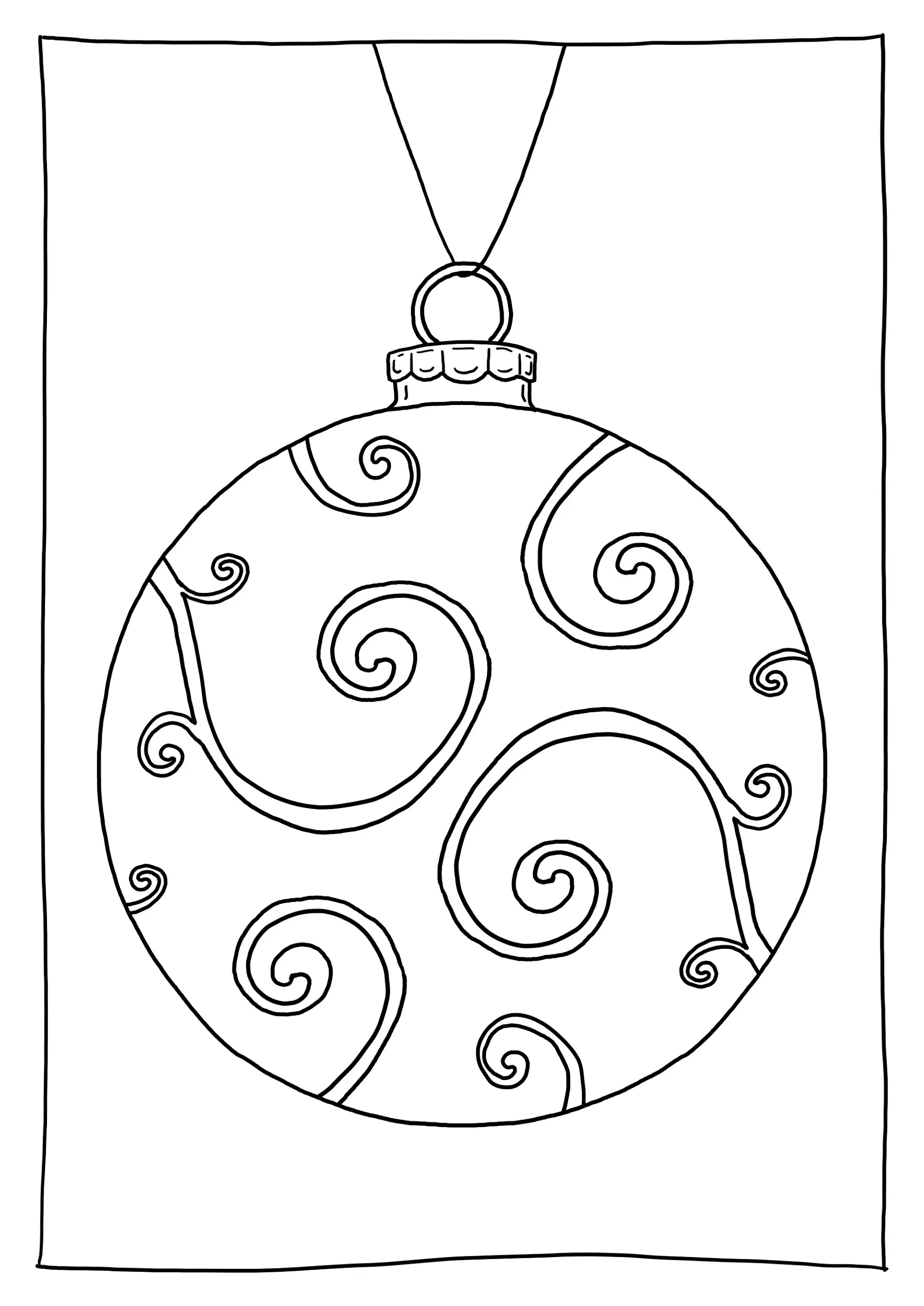 Ausmalbild Weihnachtskugel Spiralen hängend Rahmen