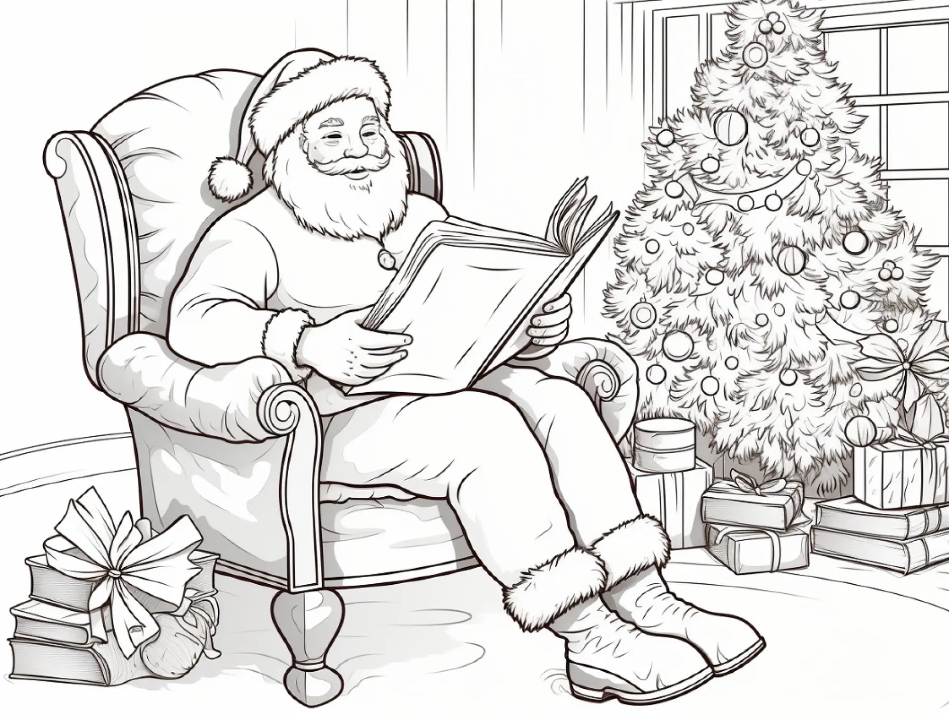 Ausmalbild Weihnachtsmann liest Buch Sessel Tannenbaum Geschenke