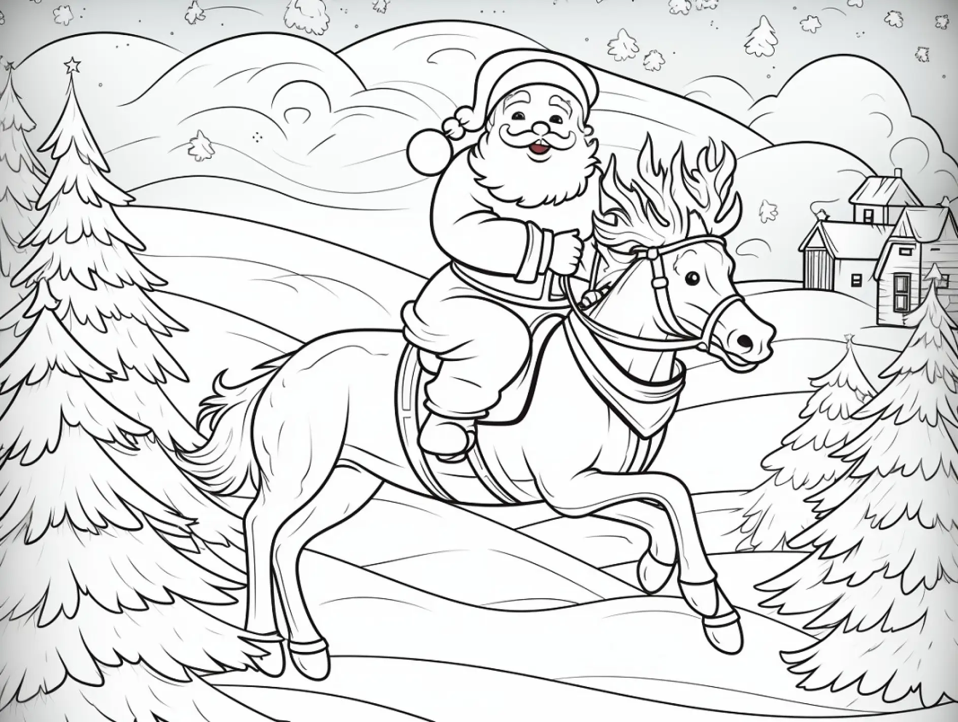 Ausmalbild Weihnachtsmann reitet Pferd Schnee Tannen