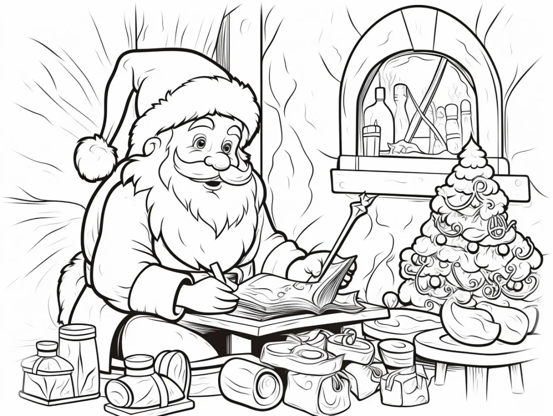 Ausmalbild Weihnachtsmann schreibt Liste Tannenbaum Fenster Geschenke