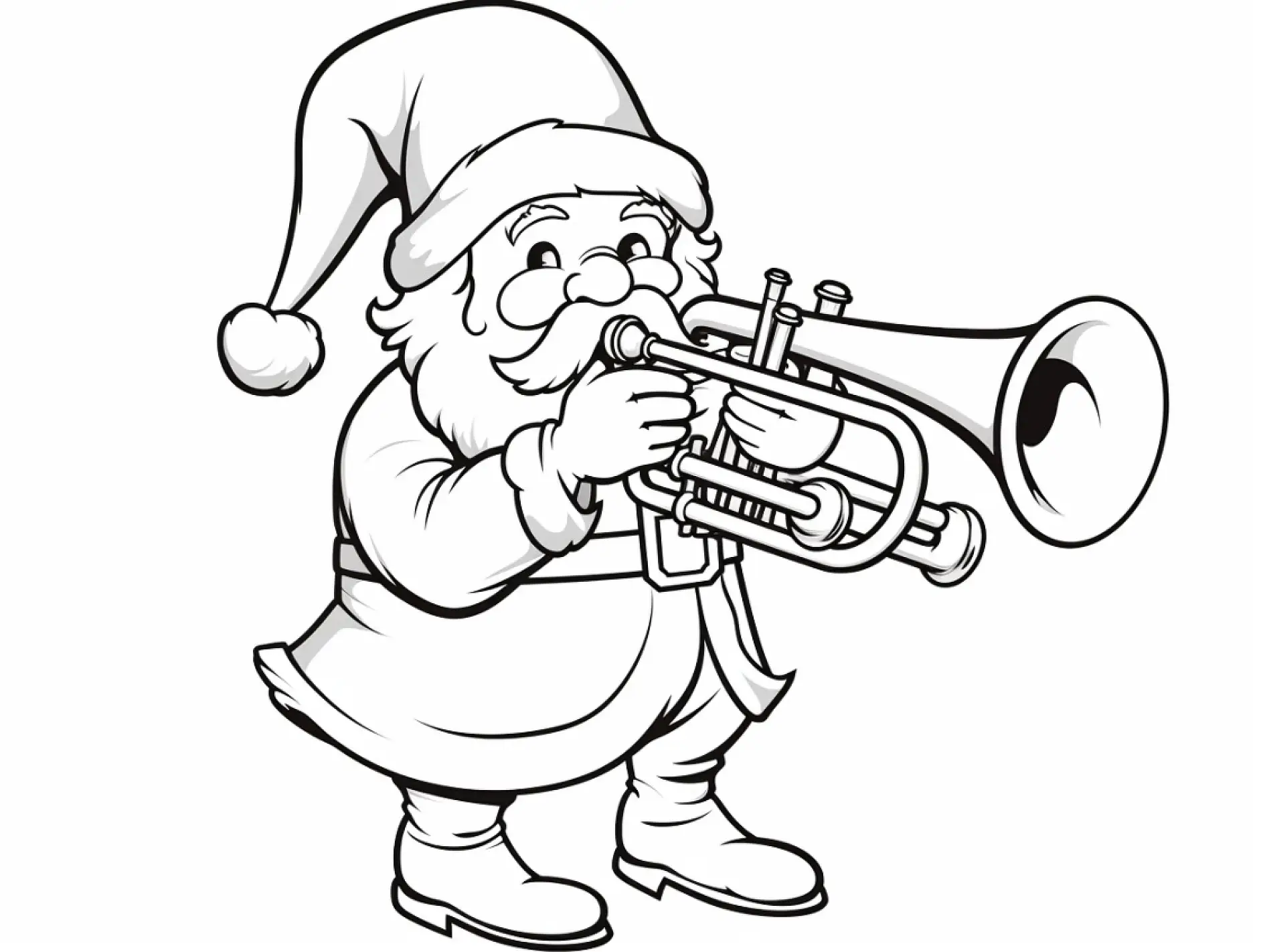 Ausmalbild Weihnachtsmann Trompete spielend