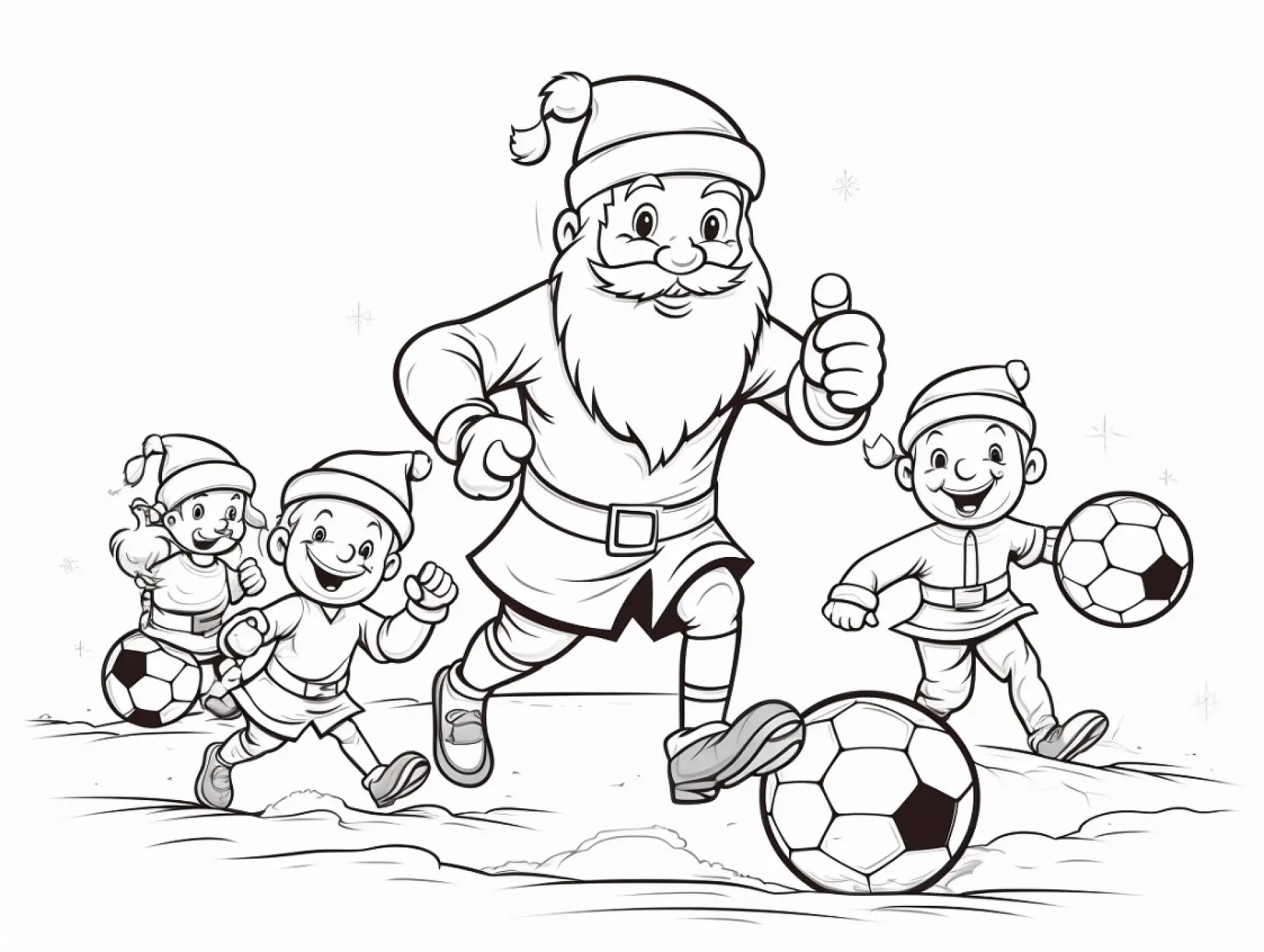 Ausmalbild Weihnachtsmann Wichtel Fußball Schnee