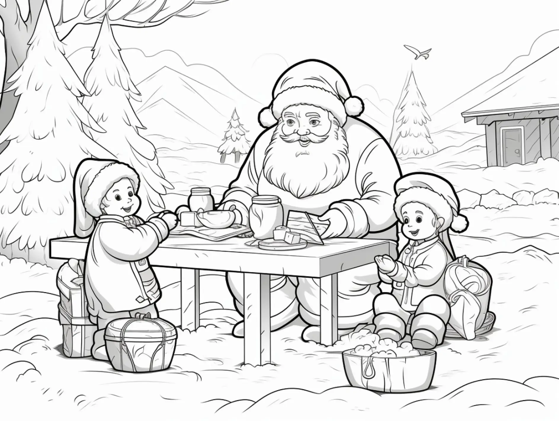 Ausmalbild Weihnachtsmann Wichtel Tisch Wald Schnee Tannen
