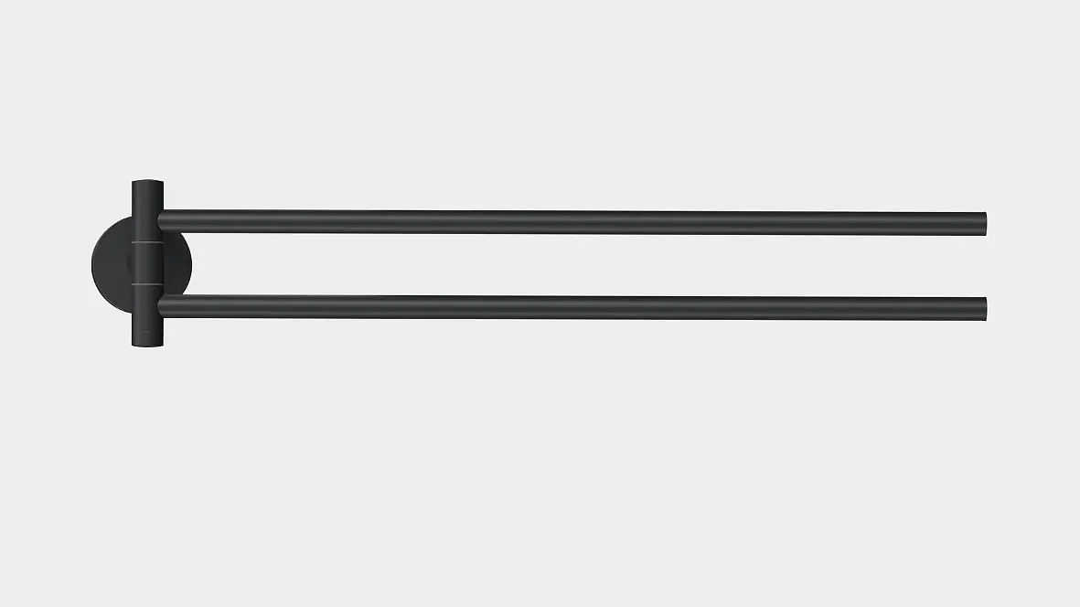 A black wall-mounted towel bar with two parallel horizontal rods extends from a circular base. The minimalist design contrasts against a white background.