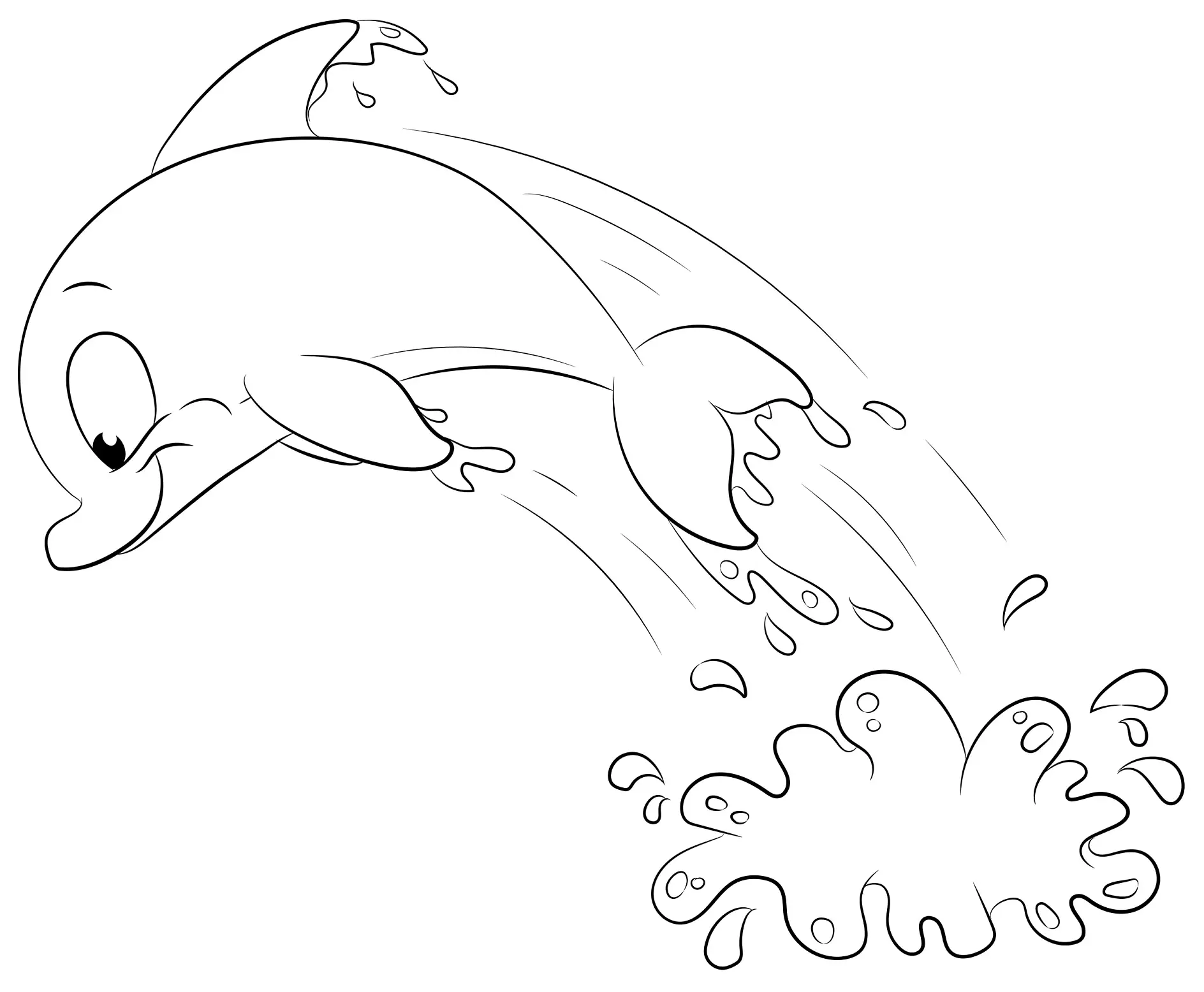 Ausmalbild Delfin springt aus Wasser mit Spritzern