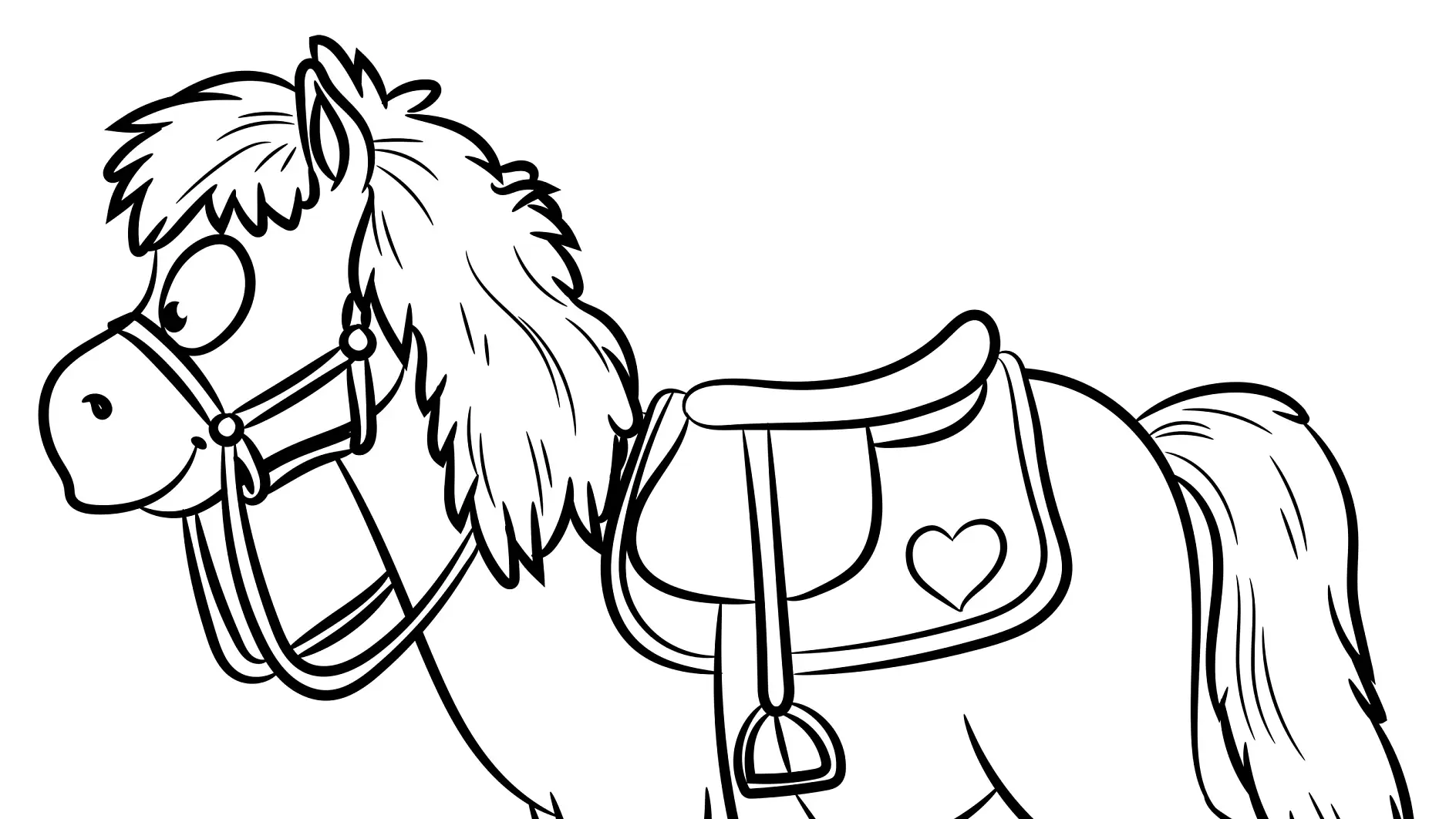 Ausmalbild Pferd mit Sattel und Herzchen