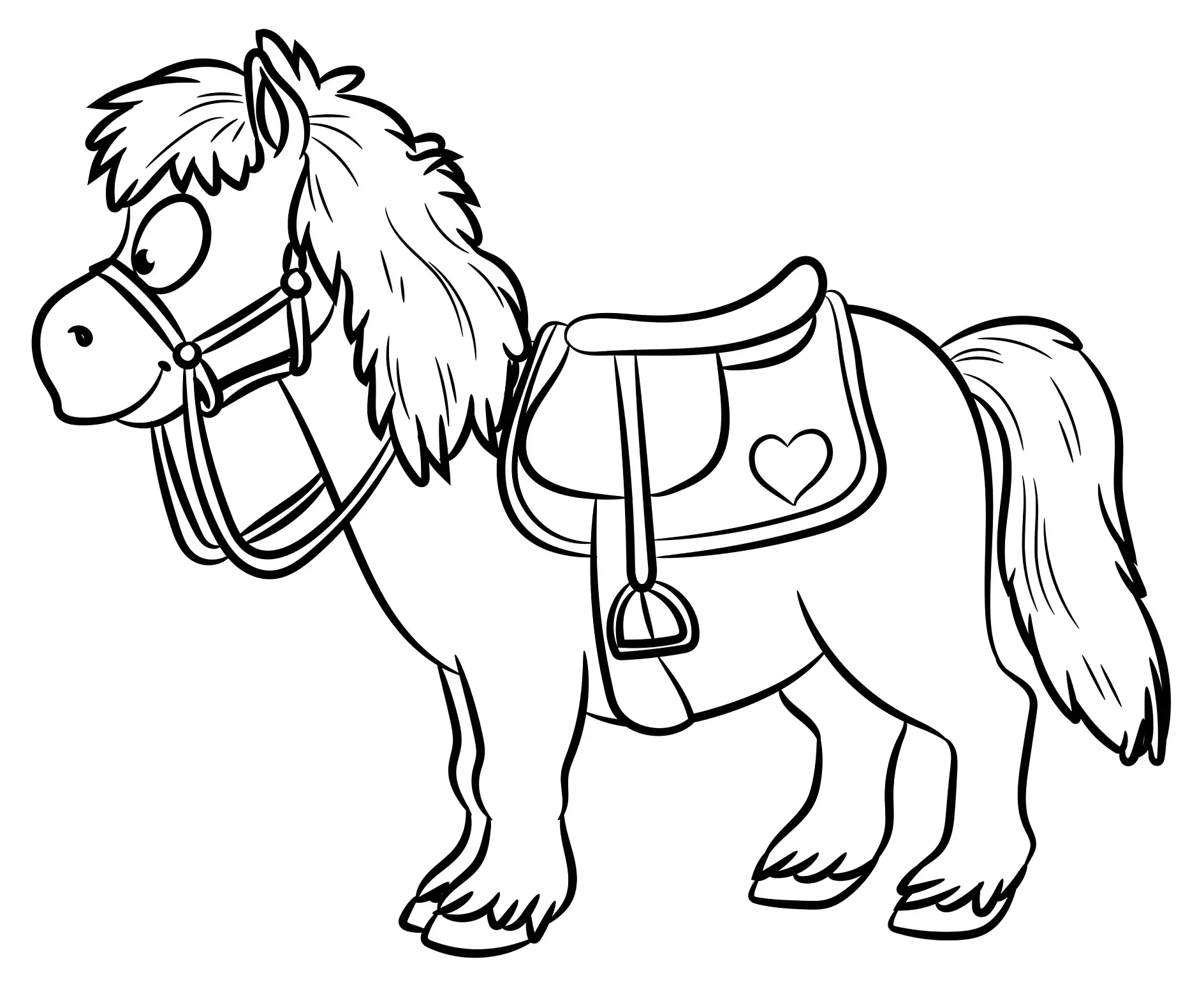 Ausmalbild Pferd mit Sattel und Herzchen
