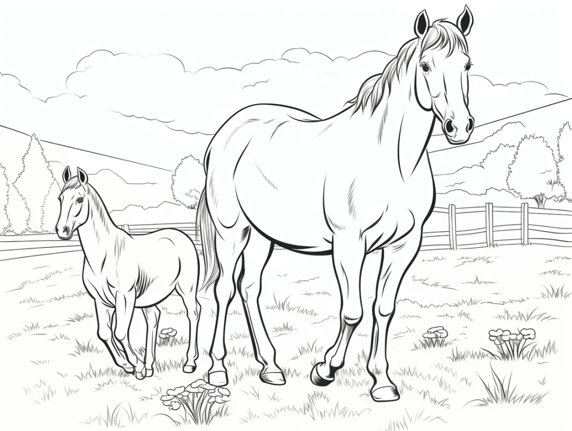 Vorlage Pferd und Fohlen auf Feld zum Ausmalen Ausmalbild Pferd und Fohlen auf Feld