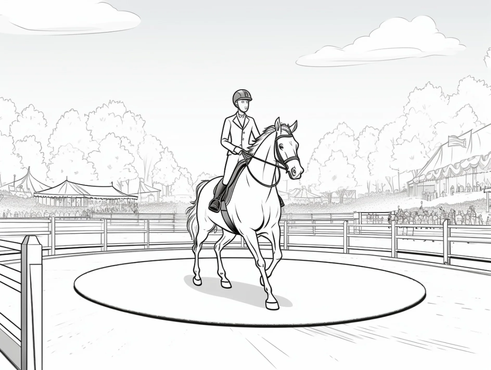 Vorlage Reiterin auf Pferd in Reitbahn zum Ausmalen Ausmalbild Reiterin auf Pferd in Reitbahn
