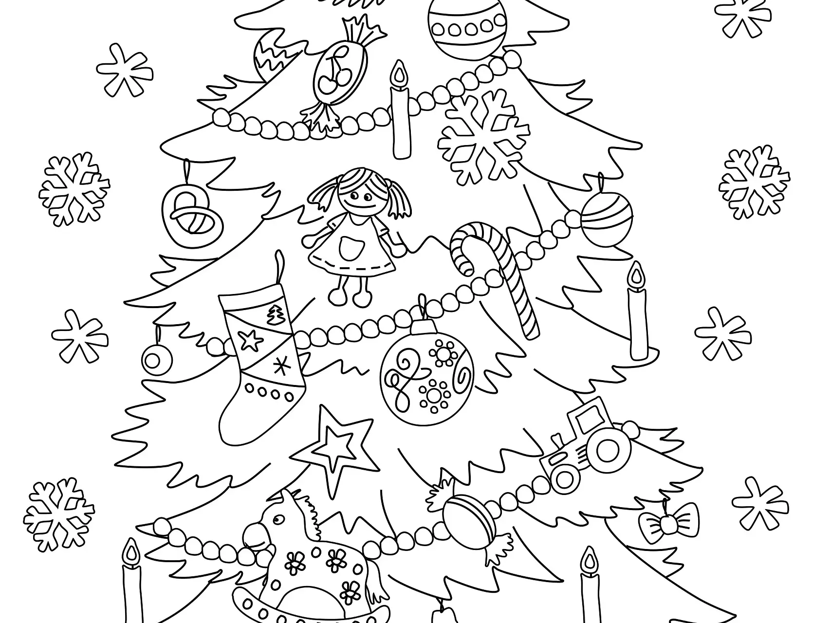 Ausmalbild Tannenbaum geschmückt Geschenke Schneeflocken
