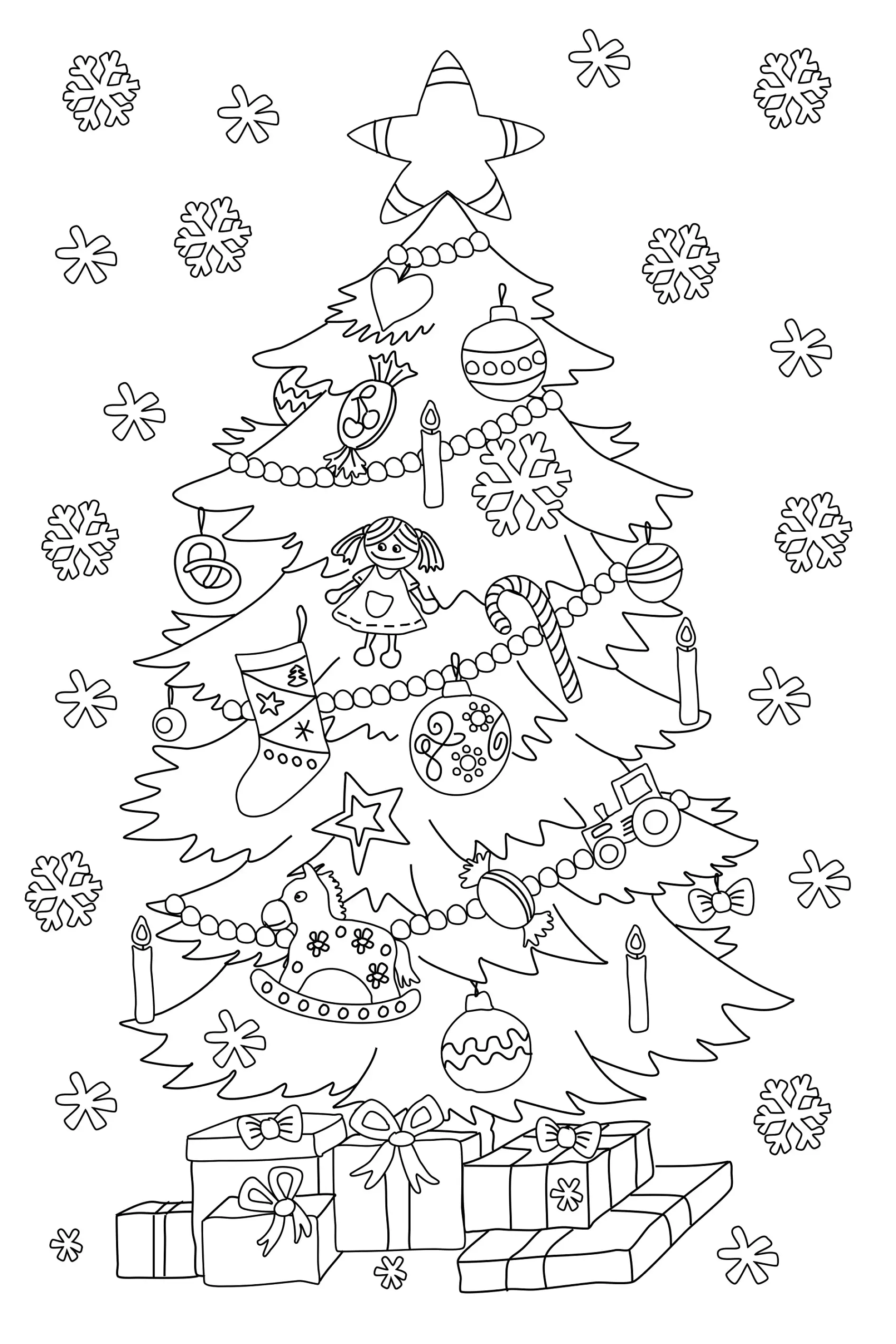 Ausmalbild Tannenbaum geschmückt Geschenke Schneeflocken