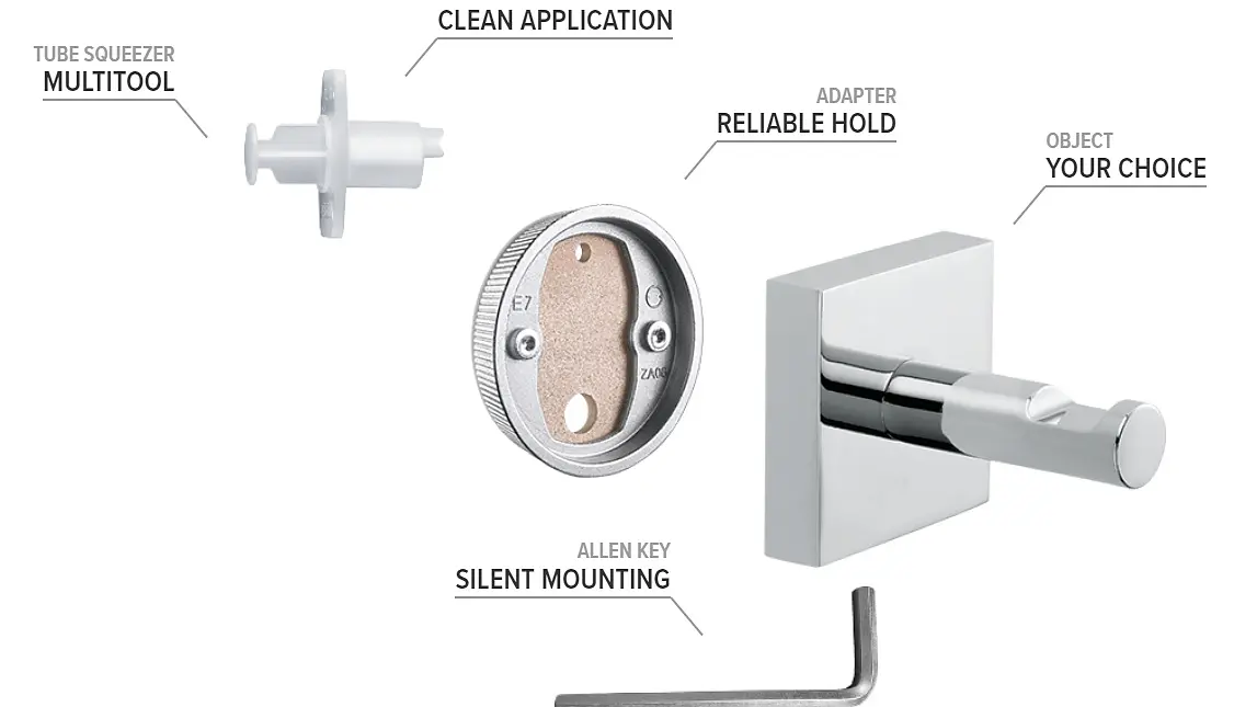 A hardware set is displayed, including a shiny silver wall hook labeled Your Choice, a round metal base labeled Reliable Hold, a multitool, an Allen key labeled Silent Mounting, and tesa tape labeled Clean Application.