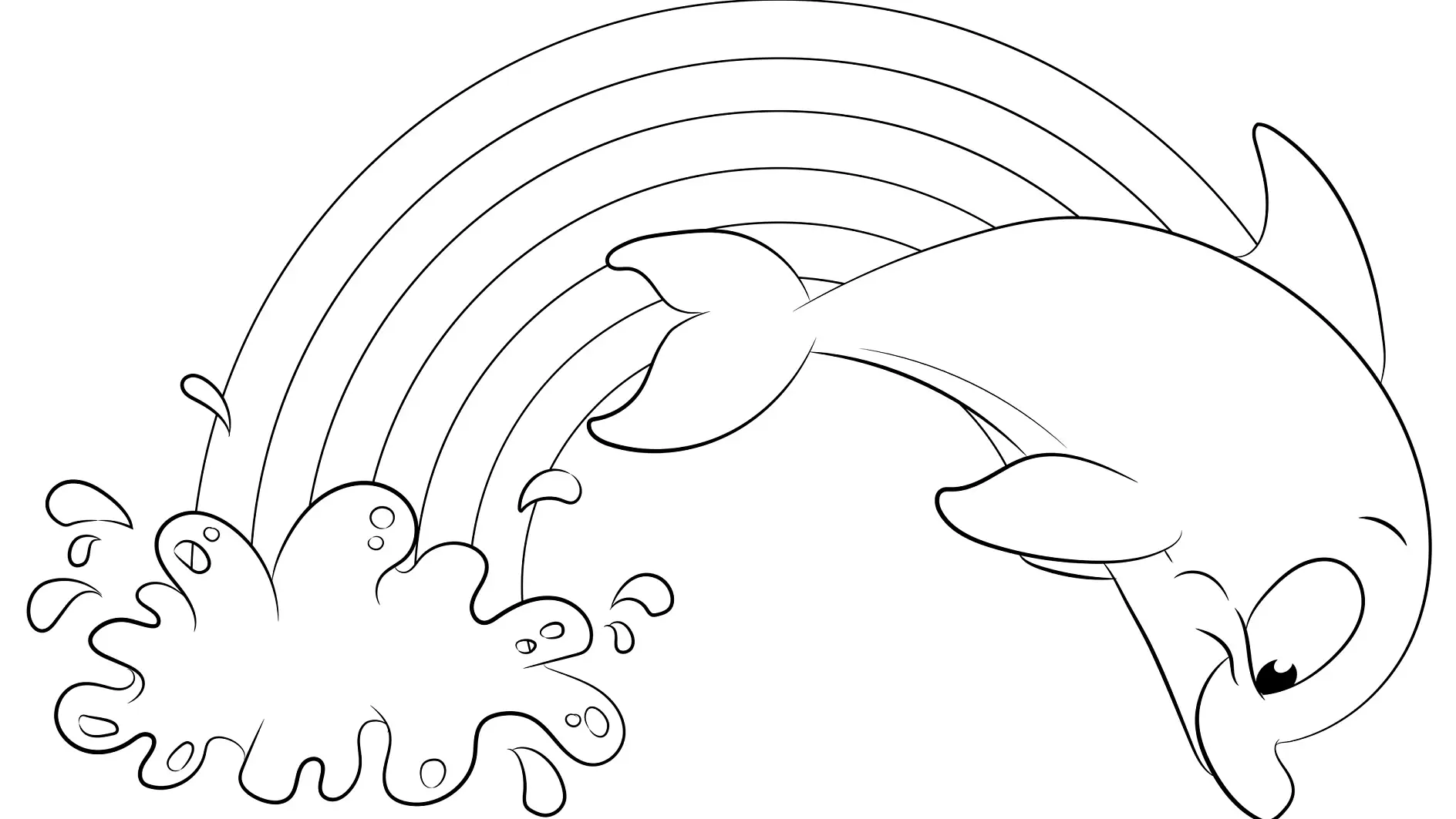 Ausmalbild Delfin mit Wasserbogen und Spritzern