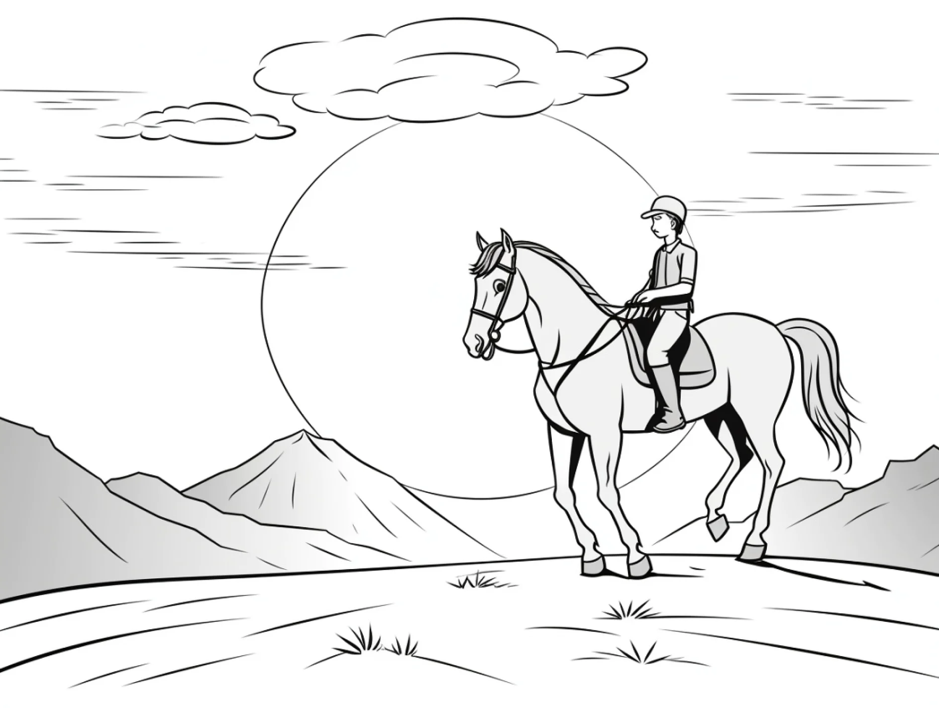 Vorlage Reiter auf Pferd vor Bergkulisse bei Sonnenuntergang zum Ausmalen Ausmalbild Reiter auf Pferd vor Bergkulisse bei Sonnenuntergang