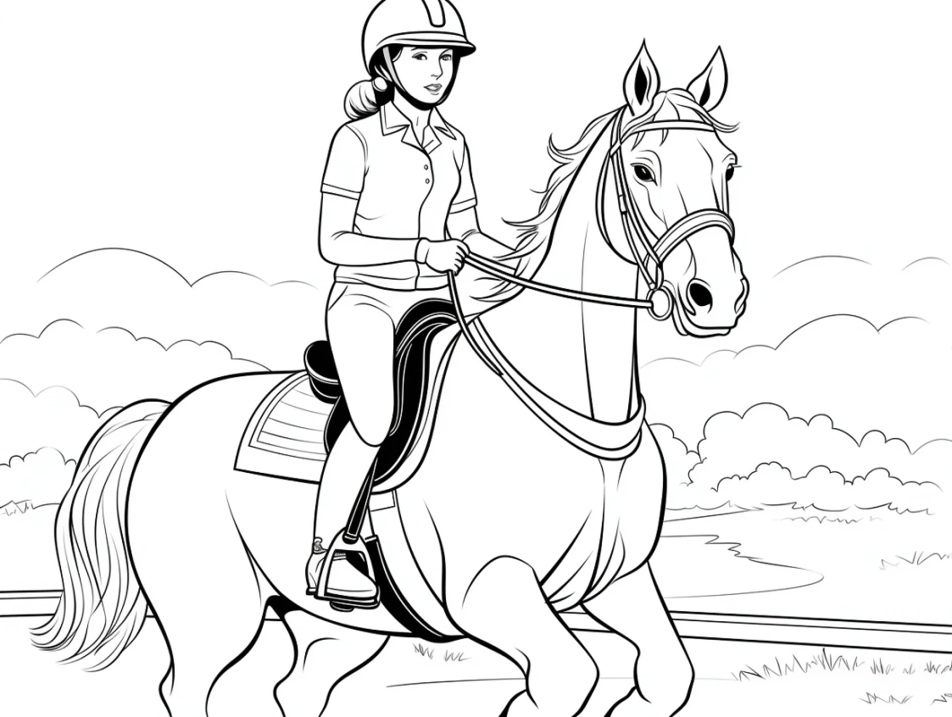 Vorlage Reiterin mit Helm auf Pferd zum Ausmalen Ausmalbild Reiterin mit Helm auf Pferd