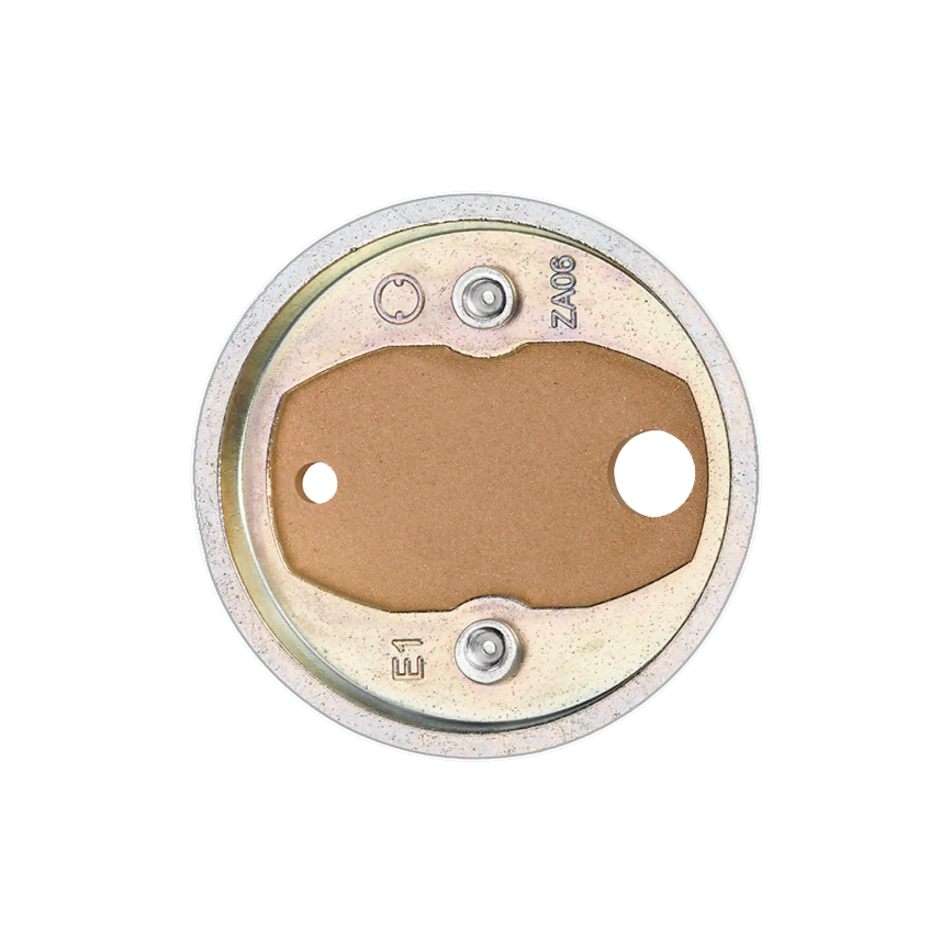 A round metal object with a central cutout and two small holes on opposite sides. The surface is metallic with some inscriptions, including E1 and ZA06. The inner area has a brown, non-metallic insert, secured using tesa tape.