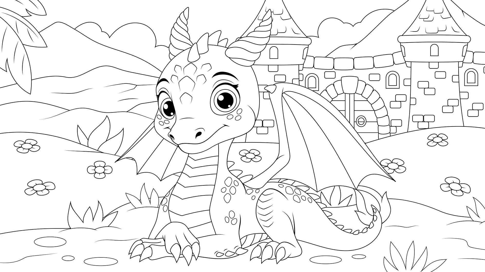 Vector illustration, cute little dragon lies on a clearing, book coloring.