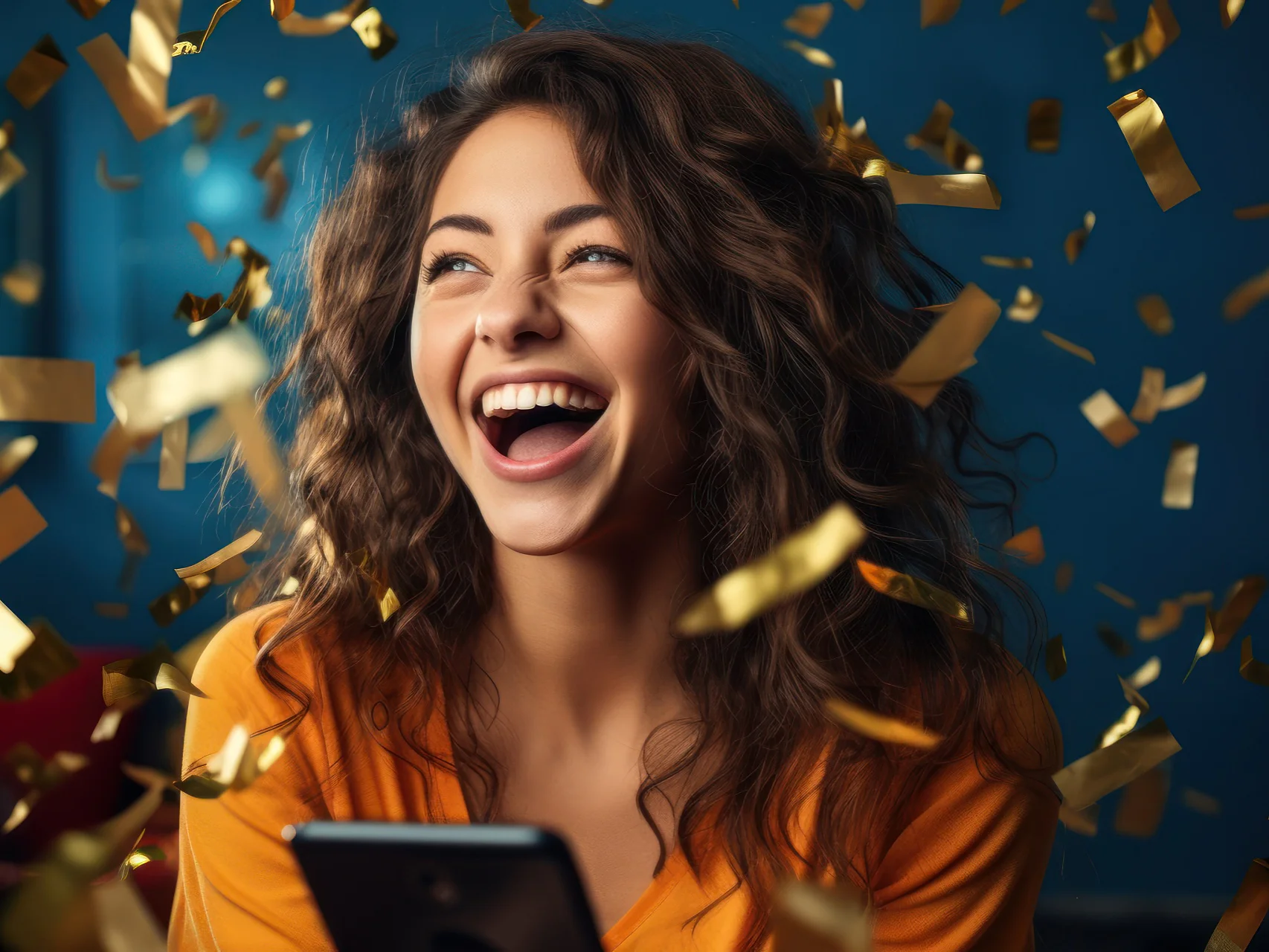 Celebrating Success: Woman with Mobile Phone Surrounded by Gold Confetti
